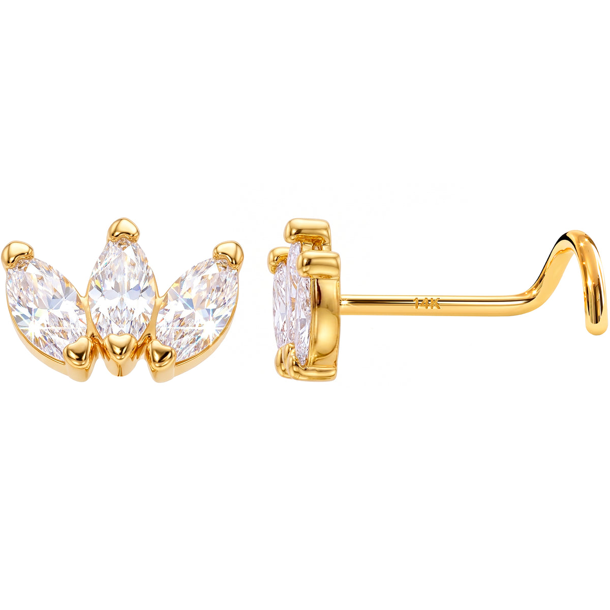 Solid 14K Yellow Gold CZ Marquise Lotus 22G Nose Screw Ring