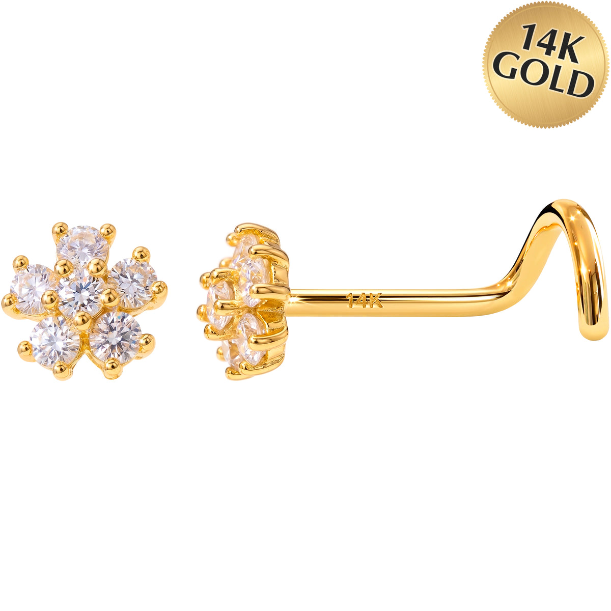 Solid 14K Yellow Gold Floral Snowflake 22G Nose Screw Ring