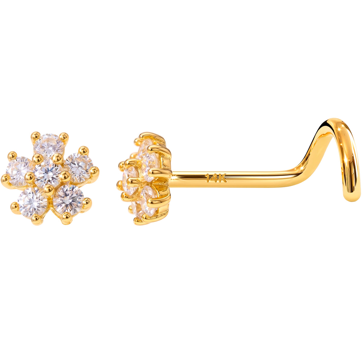 Solid 14K Yellow Gold Floral Snowflake 22G Nose Screw Ring