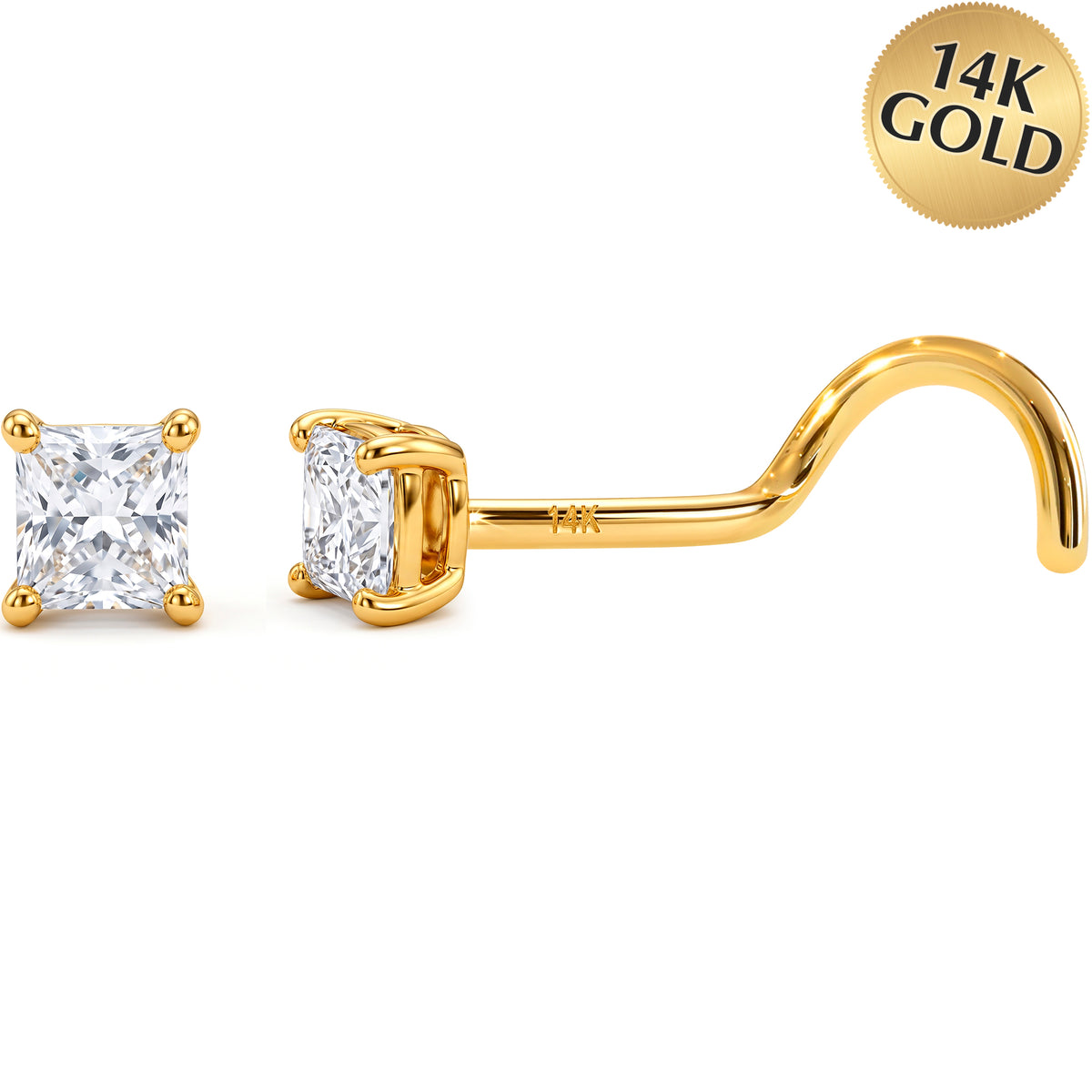 Solid 14k Yellow Gold 2mm Square CZ 22G Nose Screw Ring