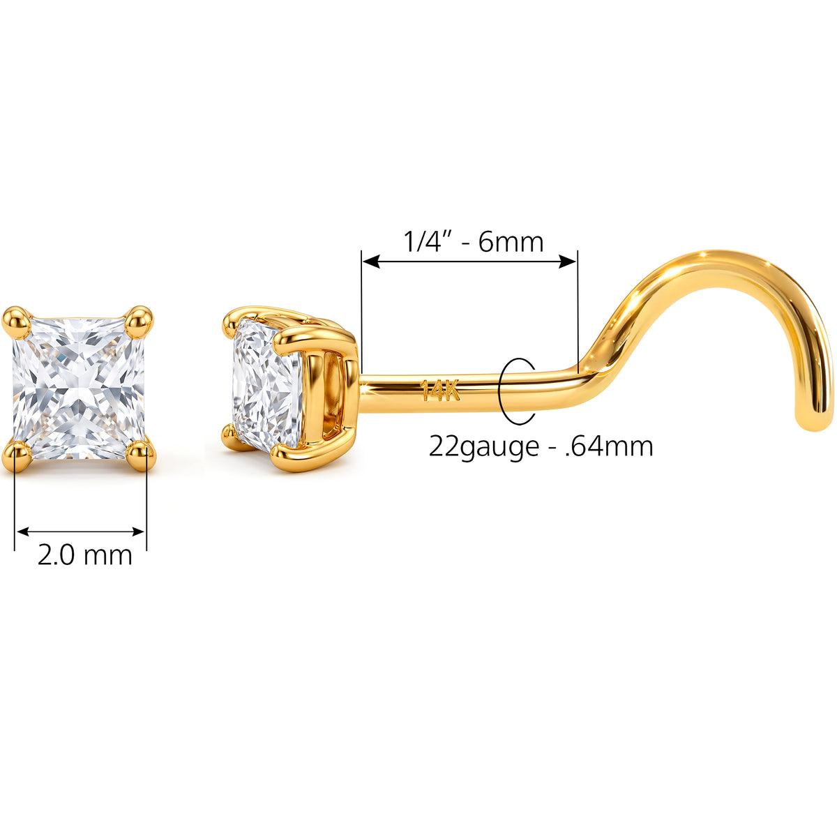 Solid 14k Yellow Gold 2mm Square CZ 22G Nose Screw Ring