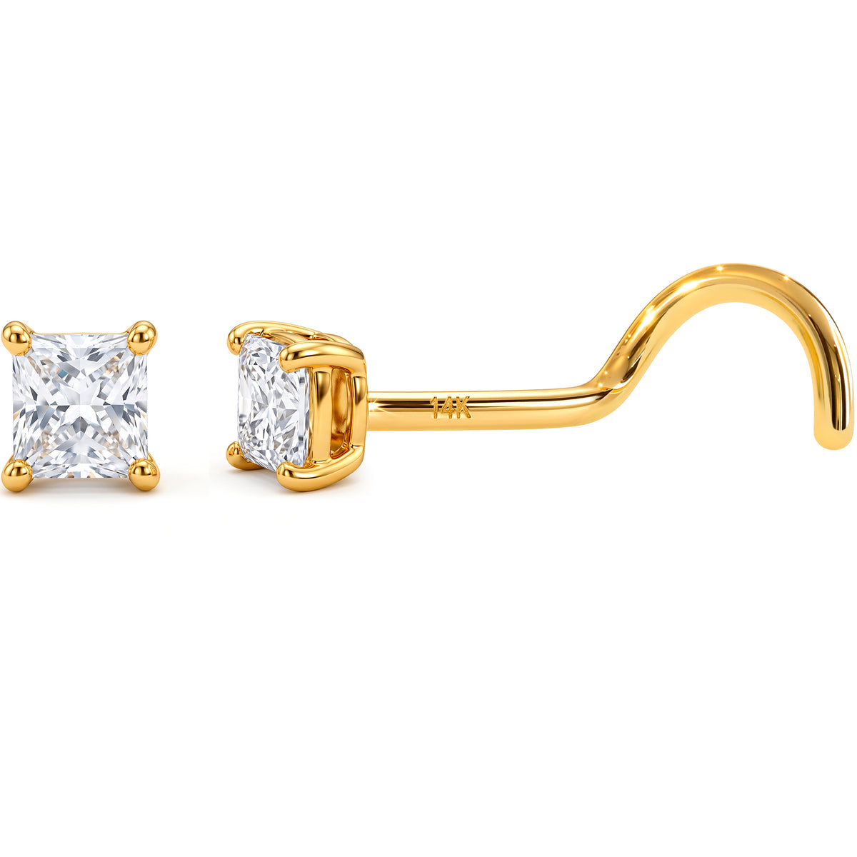 Solid 14k Yellow Gold 2mm Square CZ 22G Nose Screw Ring