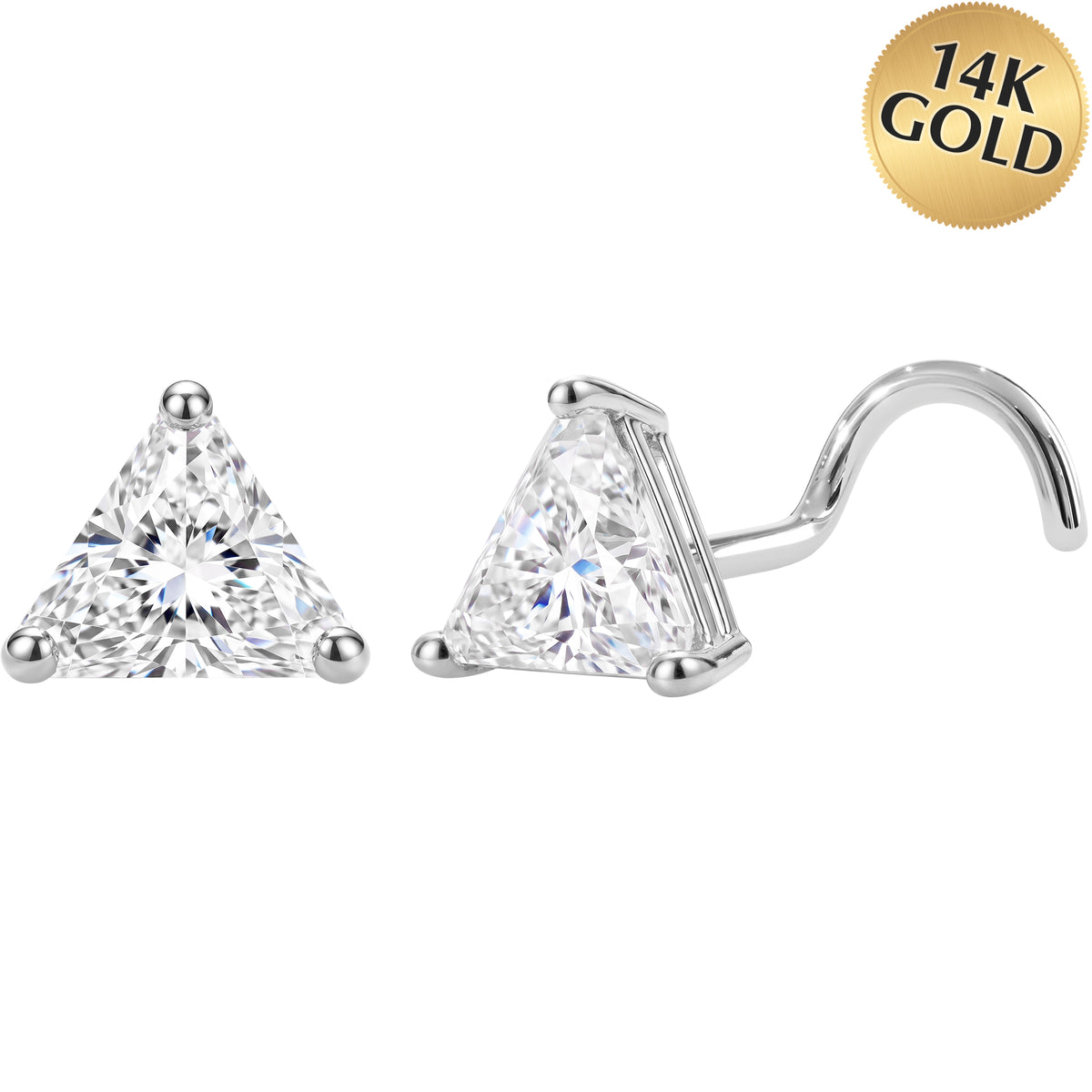 Solid 14k Yellow Gold 2mm Triangle CZ 22G Nose Screw Ring