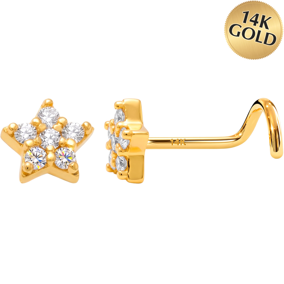Solid 14k Yellow Gold CZ Sparkling Star 22G Nose Screw Ring