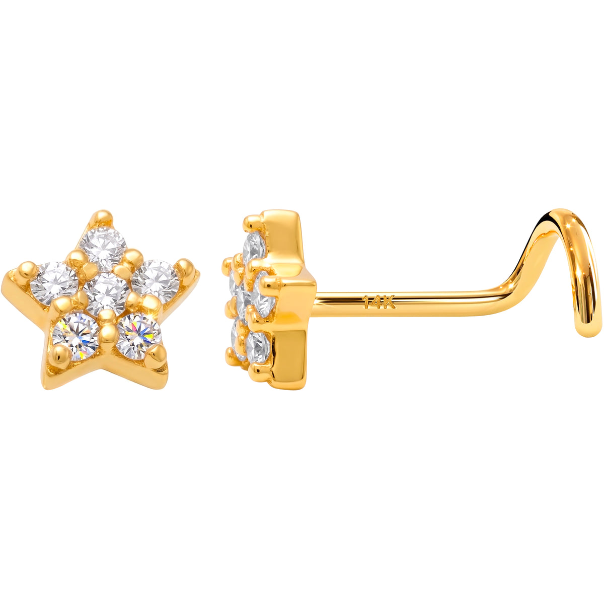 Solid 14k Yellow Gold CZ Sparkling Star 22G Nose Screw Ring