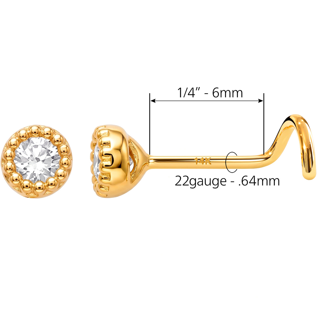 Solid 14k Yellow Gold CZ Halo 22G Nose Screw Ring