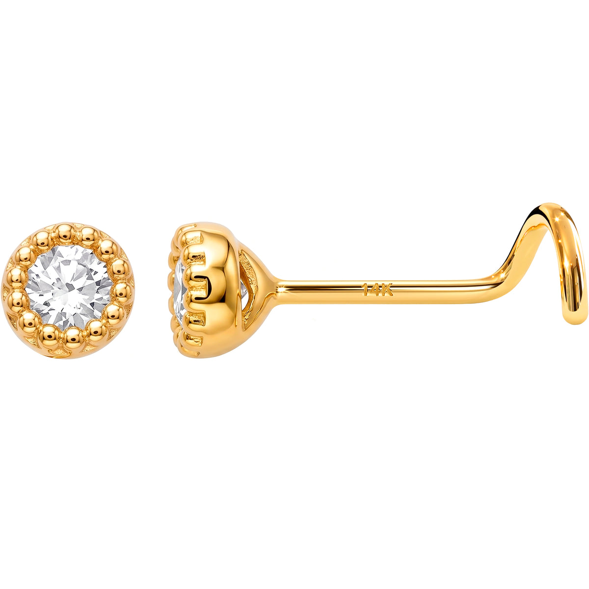 Solid 14k Yellow Gold CZ Halo 22G Nose Screw Ring