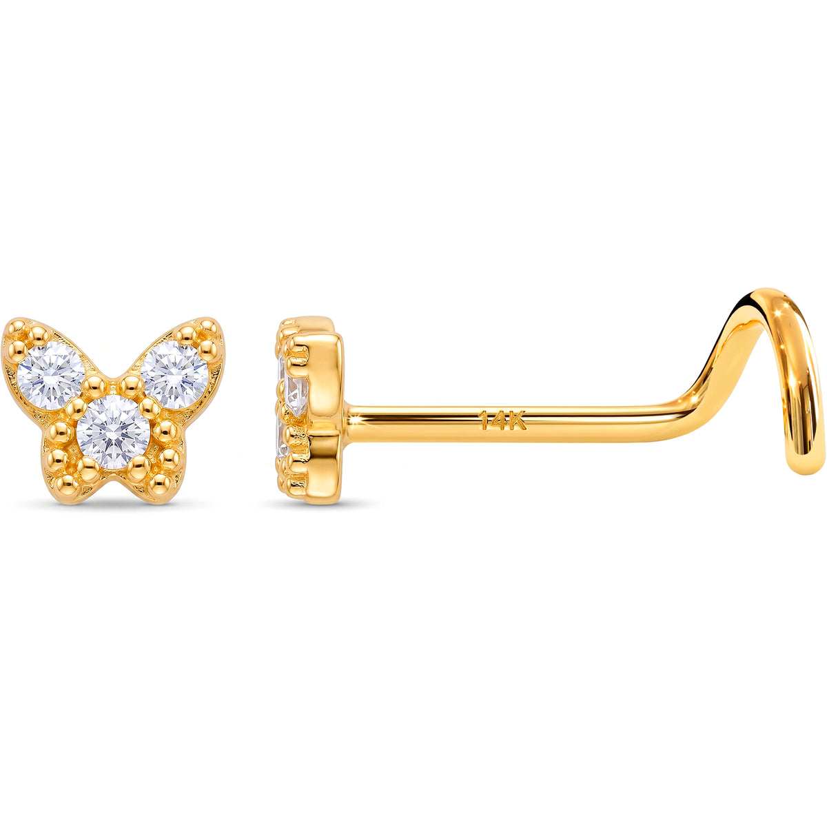 Solid 14k Yellow Gold Butterfly Sparkle CZ 22G Nose Screw Ring