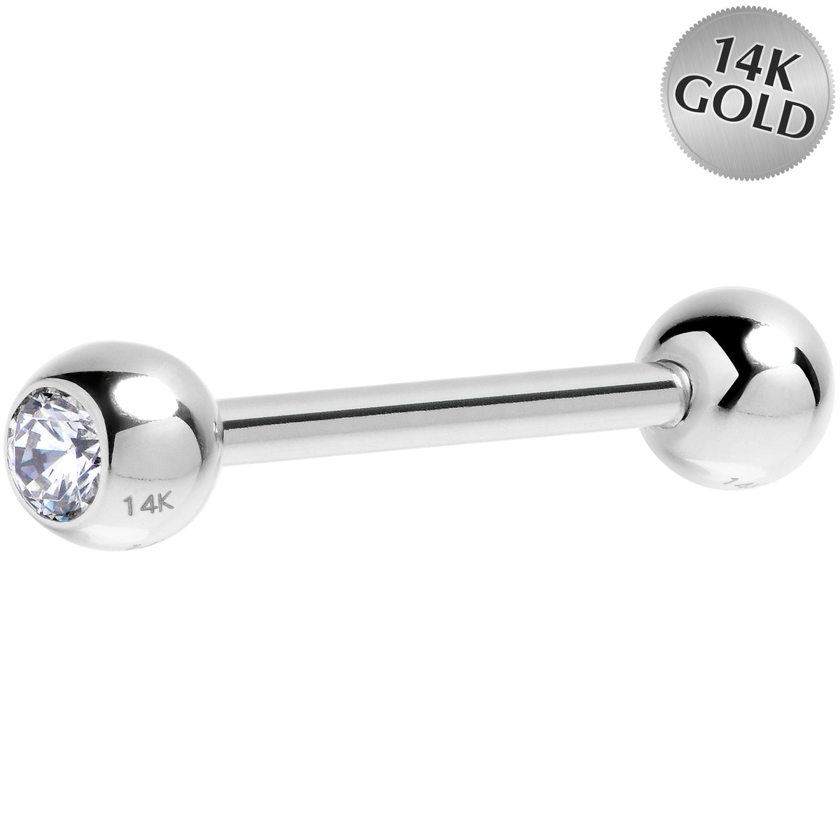 Solid 14K Gold 14G Straight Barbell with CZ Solid Gold Ball End