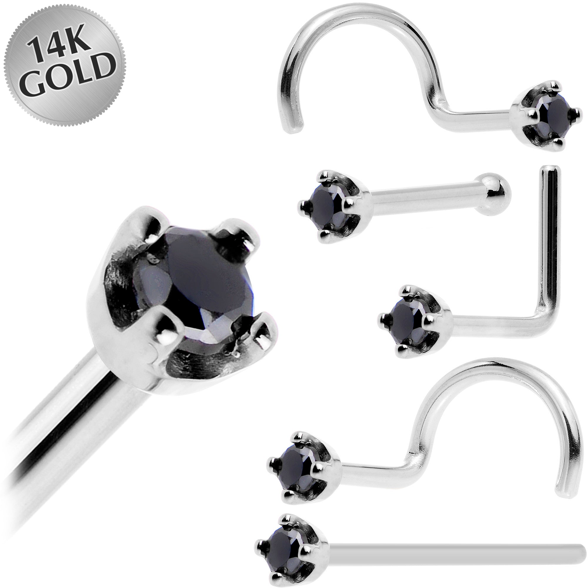 Solid 14KT White Gold 1.5mm Black Diamond Nose Ring
