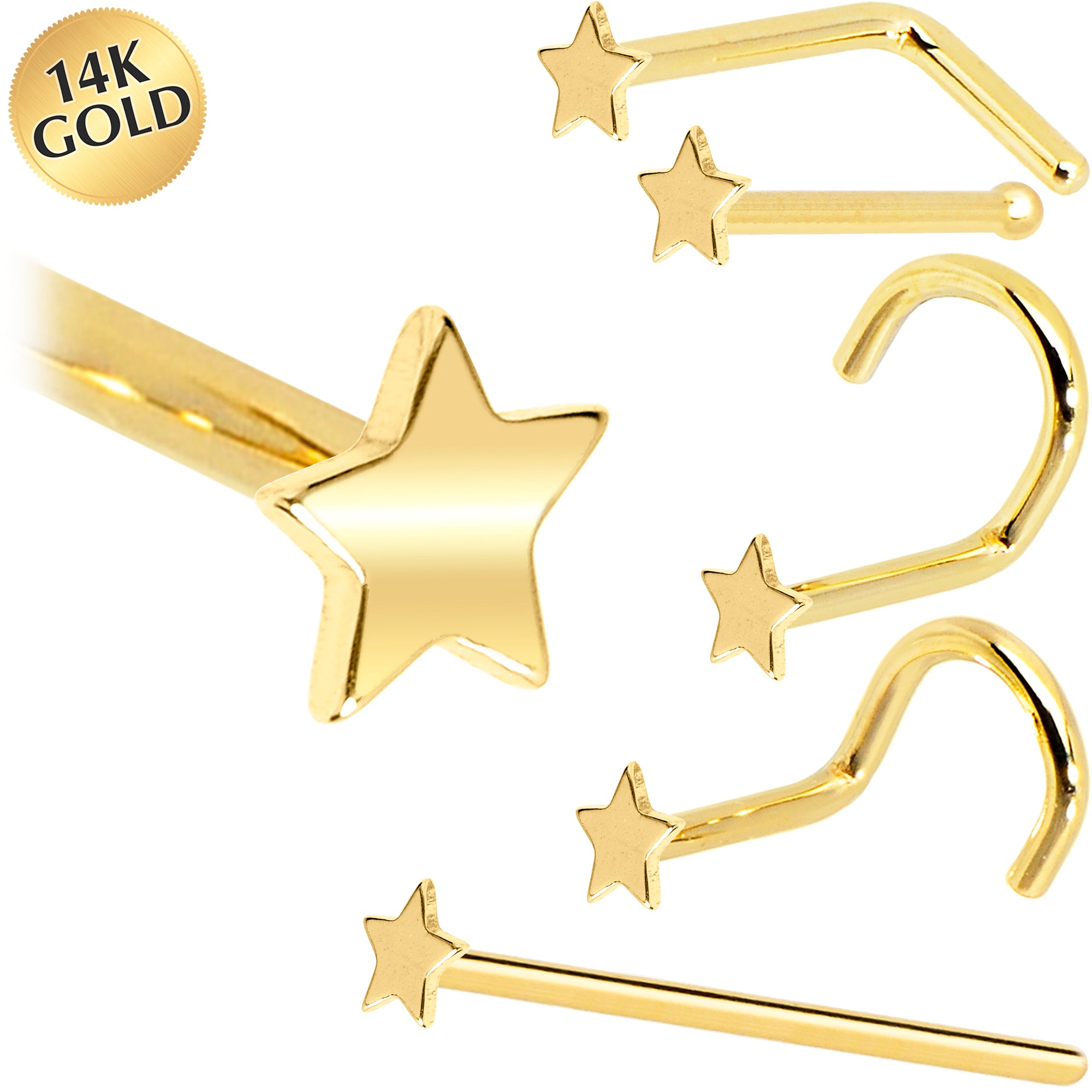 Solid 14KT Yellow Gold Star Nose Ring 18 Gauge