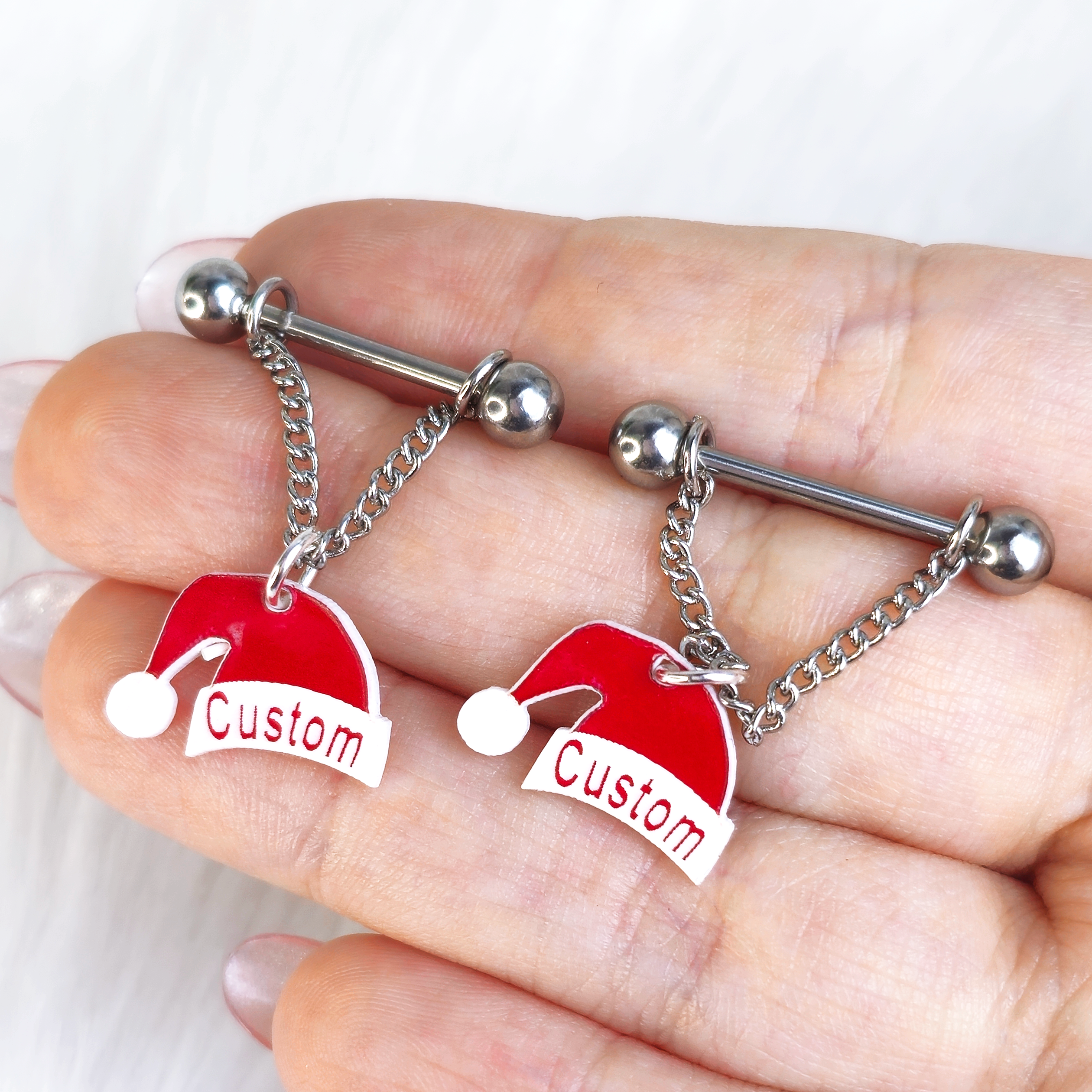 Custom Santa Hat Personalized Dangle Barbell Nipple Ring Set
