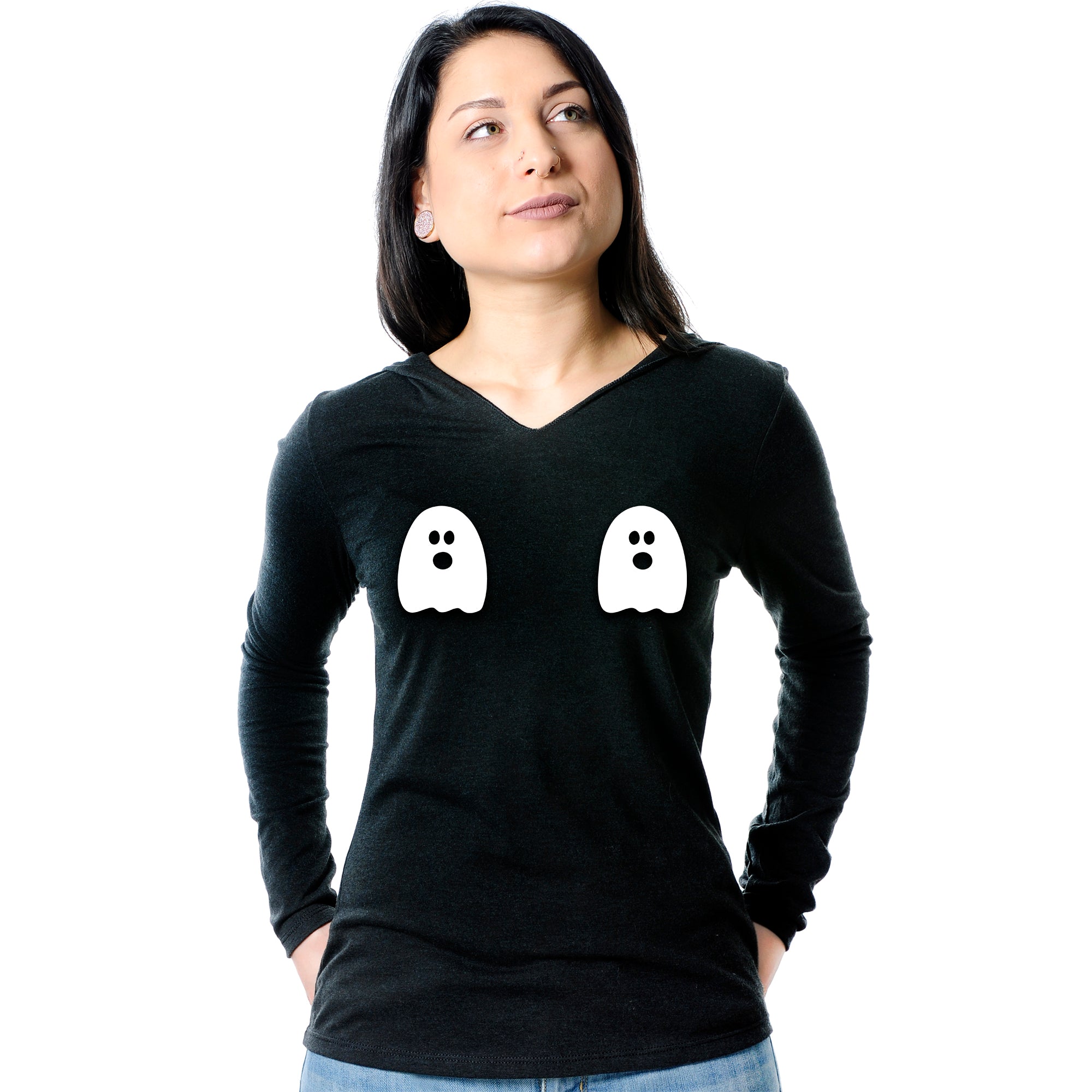 Halloween Glow in the Dark Ghost Boobies Tee Tapered Long Sleeve Hoodie