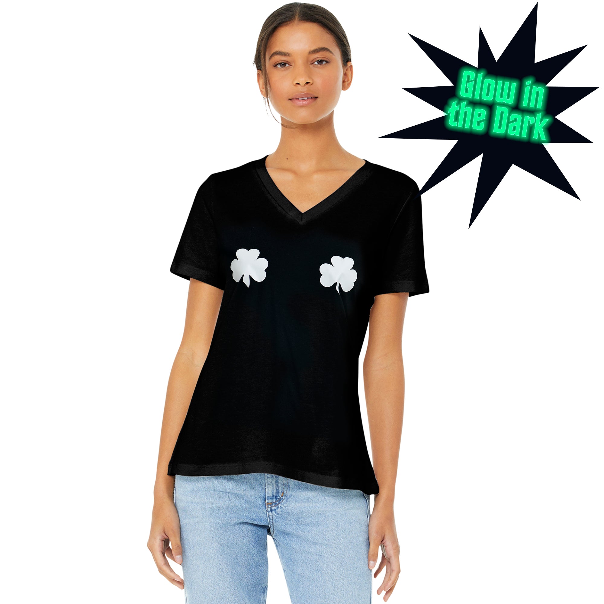 Lucky Glow in the Dark Shamrocks Black V-Neck Boobies Tee Shirt