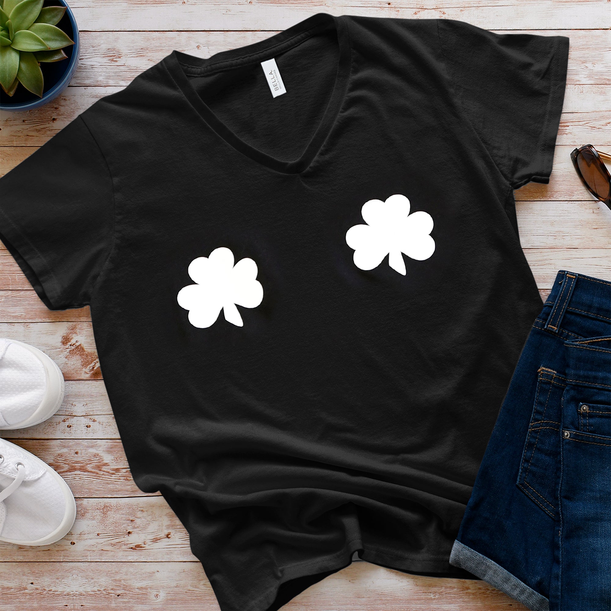 Lucky Glow in the Dark Shamrocks Black V-Neck Boobies Tee Shirt