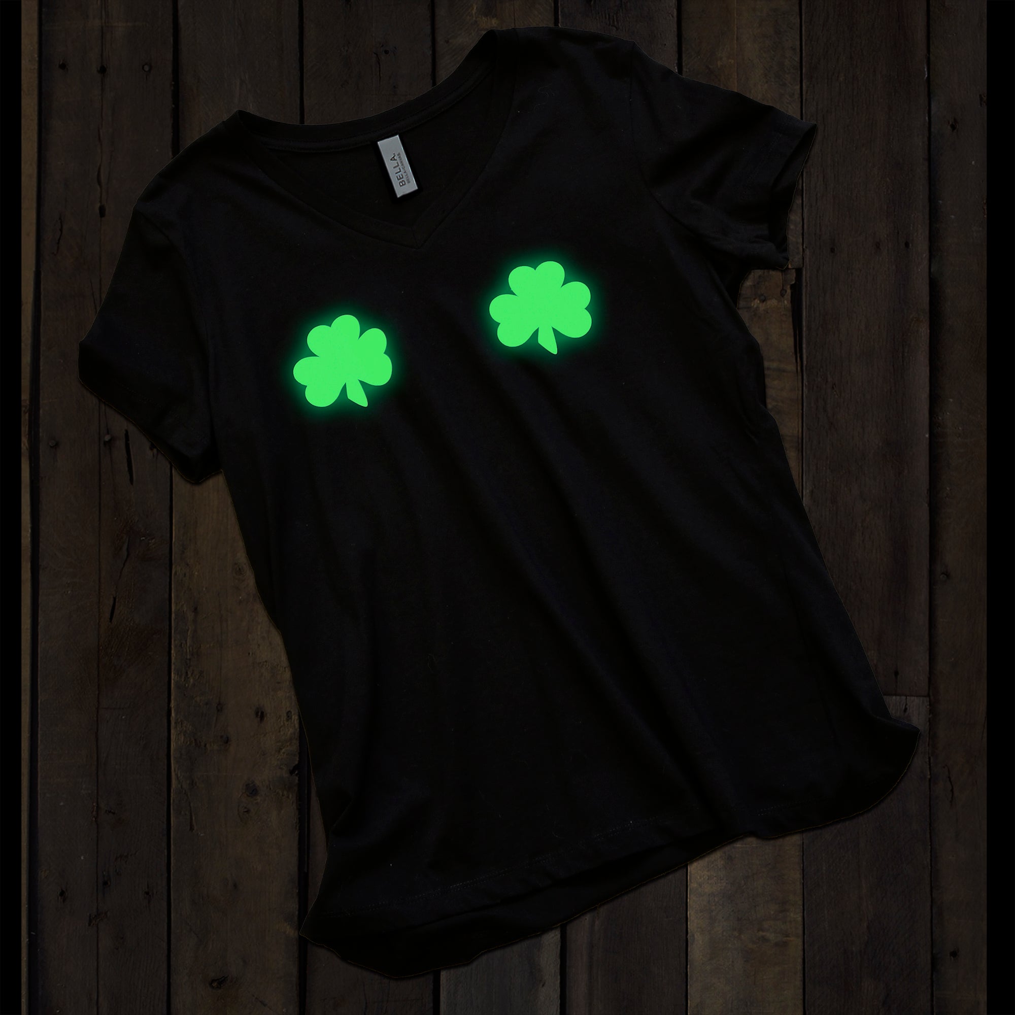 Lucky Glow in the Dark Shamrocks Black V-Neck Boobies Tee Shirt