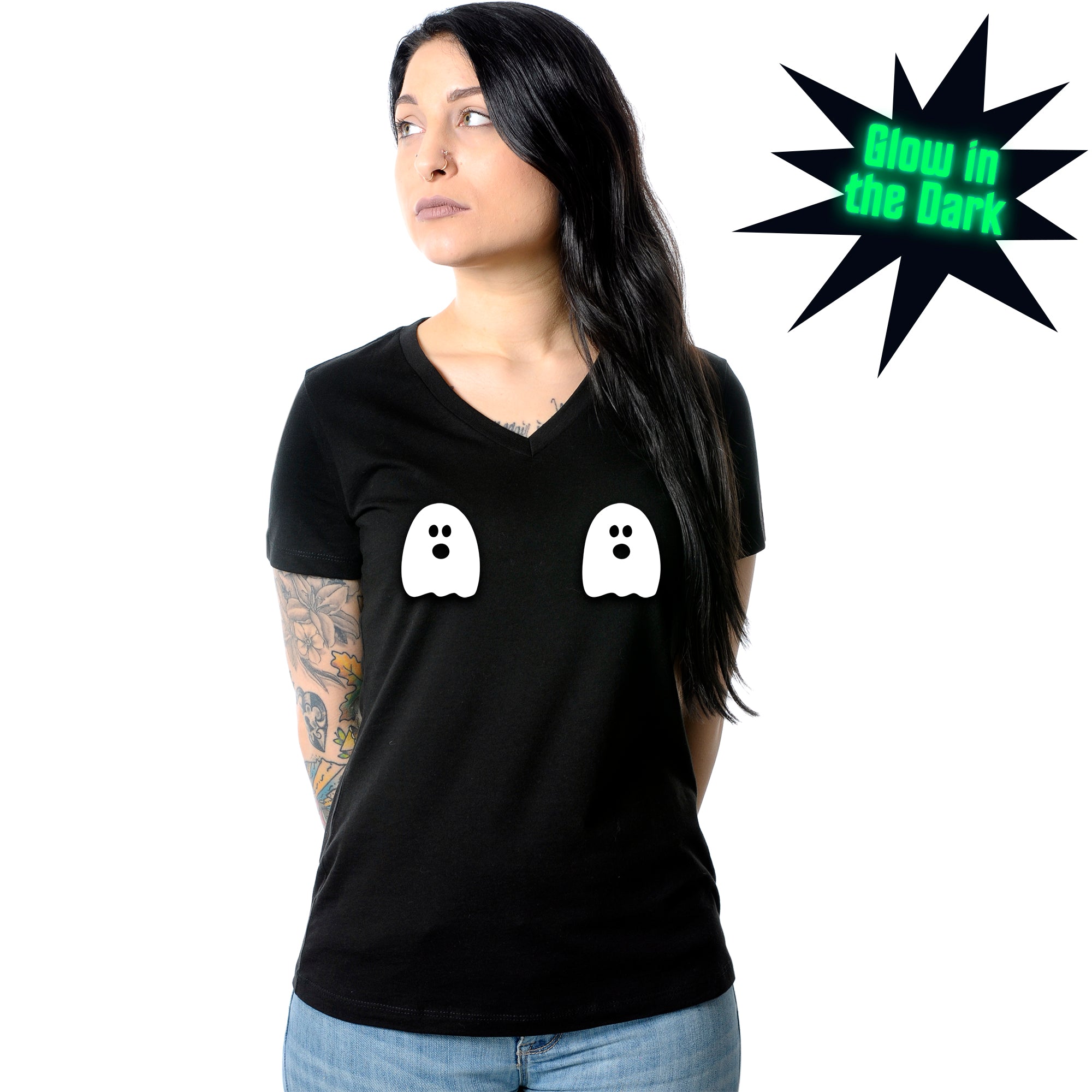 Halloween Glow in the Dark Ghost Boobies Tee V-Neck Tee Shirt 100% Cotton