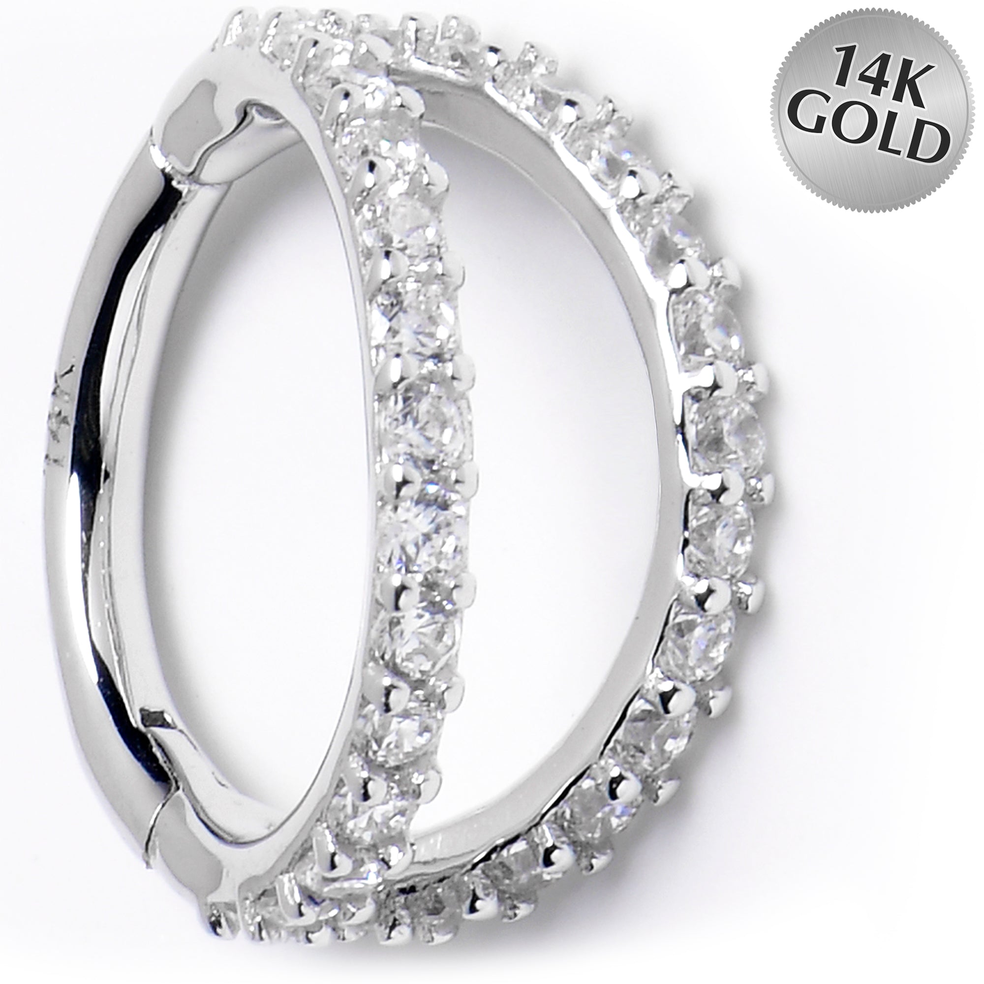 16G 5/16 Solid 14K White Gold Clear CZ Gem Hinged Segment Ring