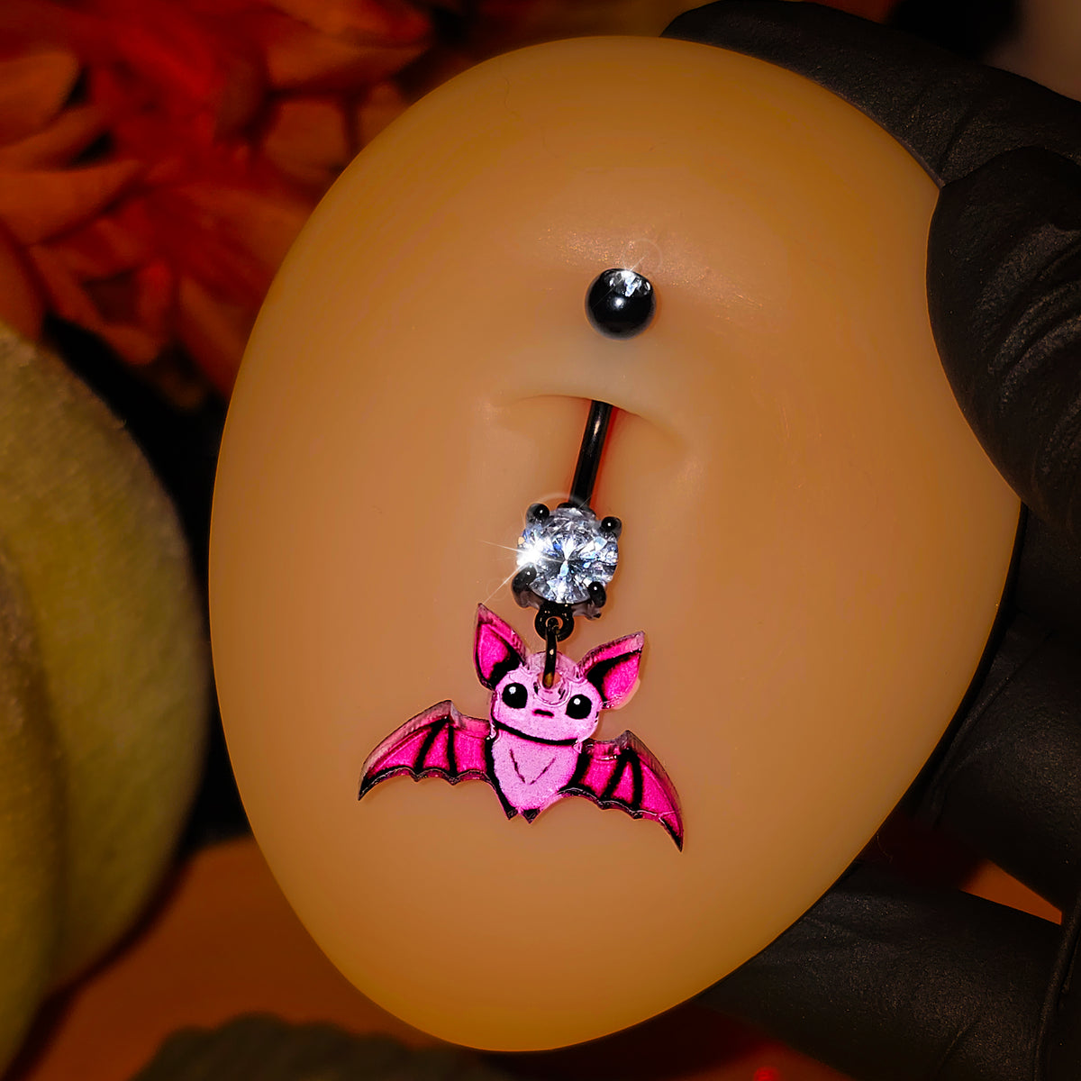 Black Gem Pretty Pink Bat Acrylic Dangle Belly Ring by Onyx O