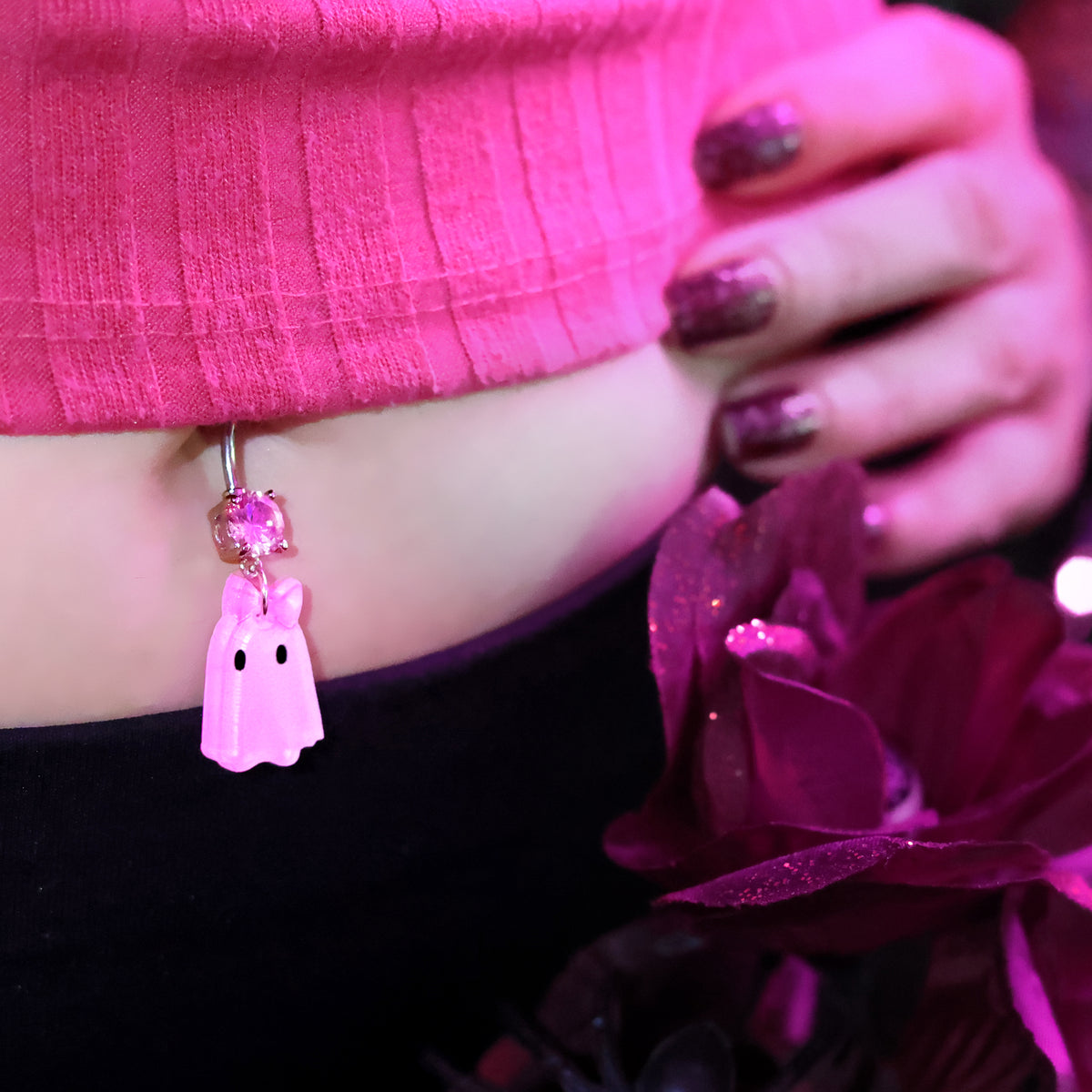 Pink Gem Pretty Pink Ghost Acrylic Dangle Belly Ring by Onyx O