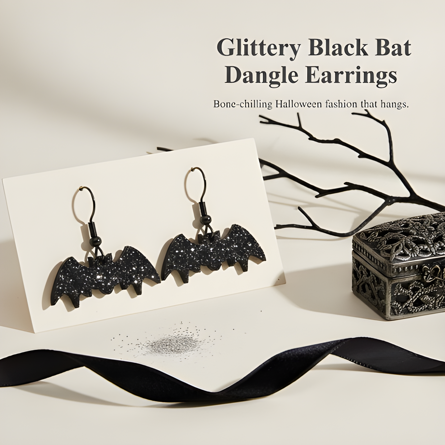 Glittery Black Bat Dangle Earrings
