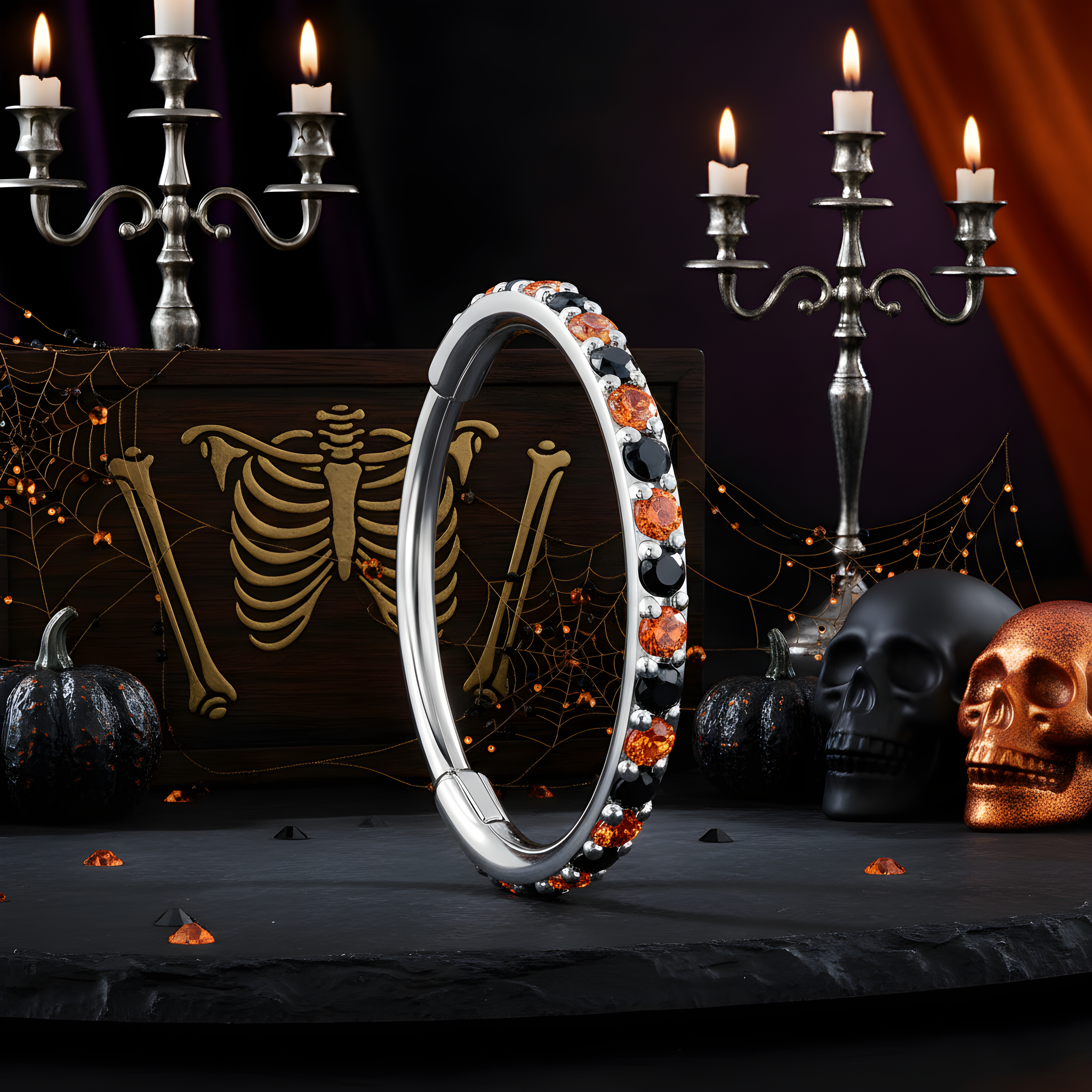 20G Micro Gem Titanium Hinged Nose Hoop - Black Orange Nose Ring