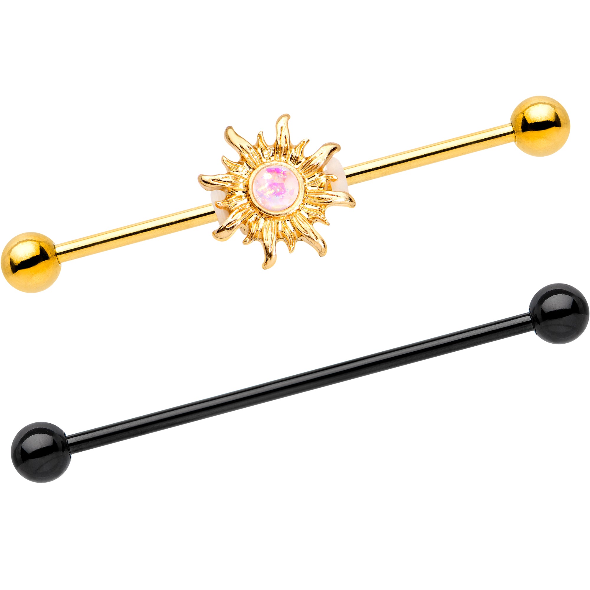 14 Gauge Faux Opal Black Gold Tone Sun Industrial Barbell 38mm Set of 2