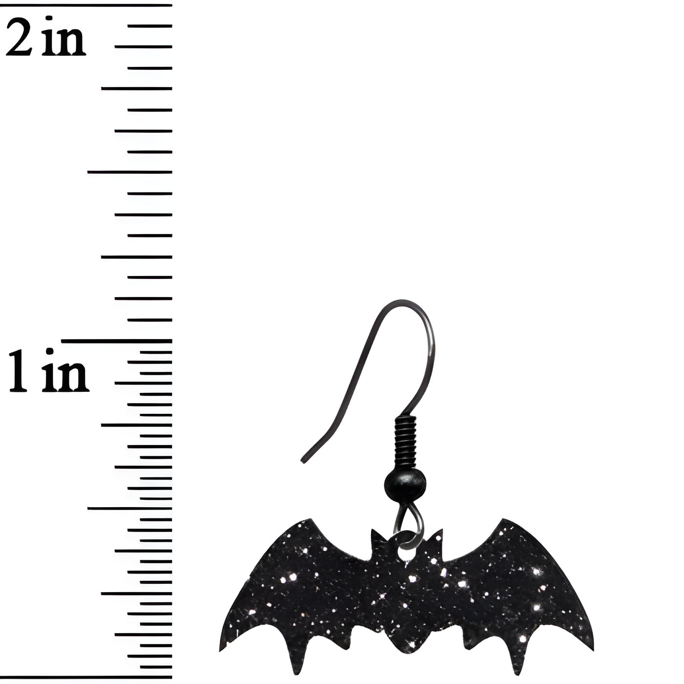 Bat-shaped earring with a measurement scale on a white background