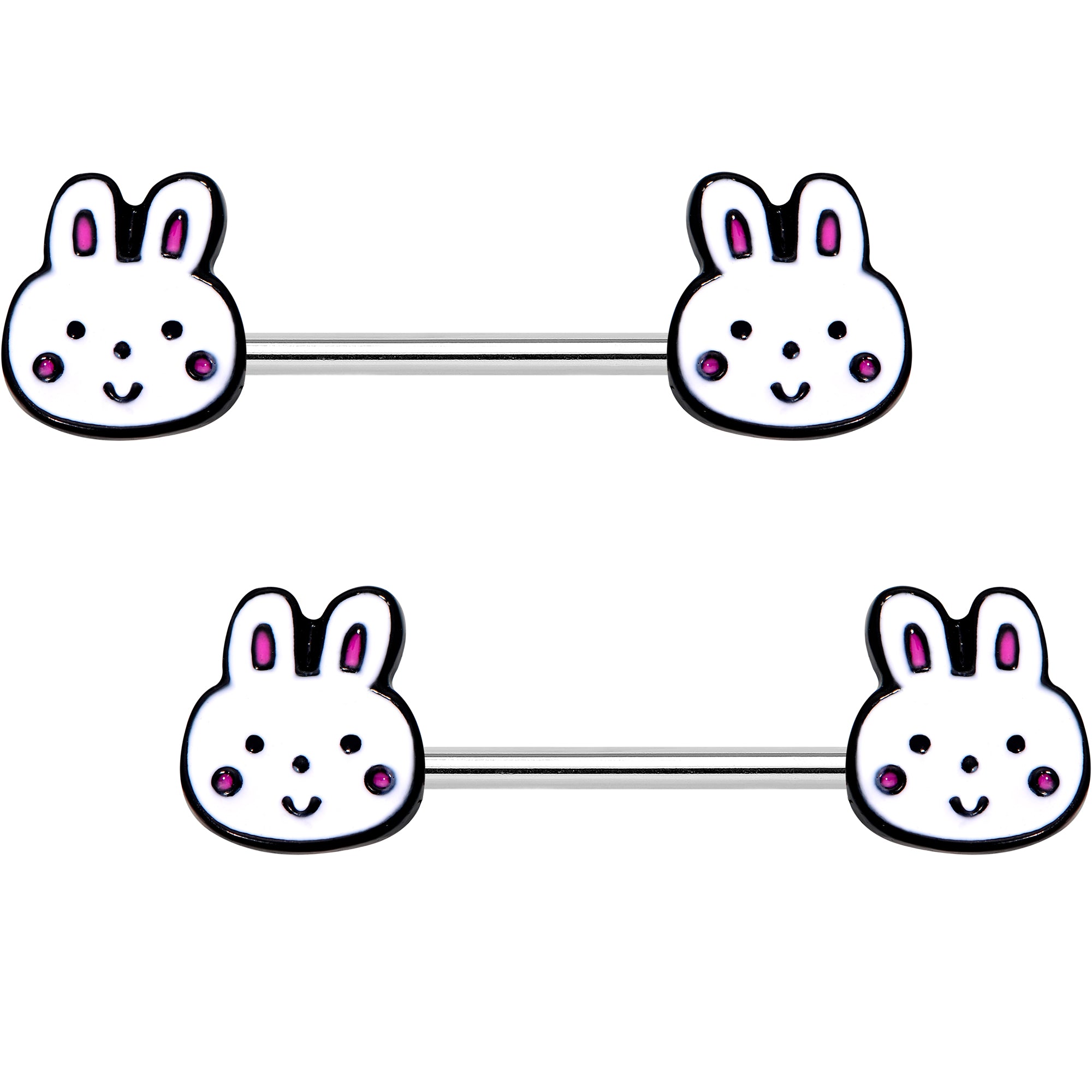 14 Gauge White Bunny Rabbit Heads Barbell Nipple Ring Set