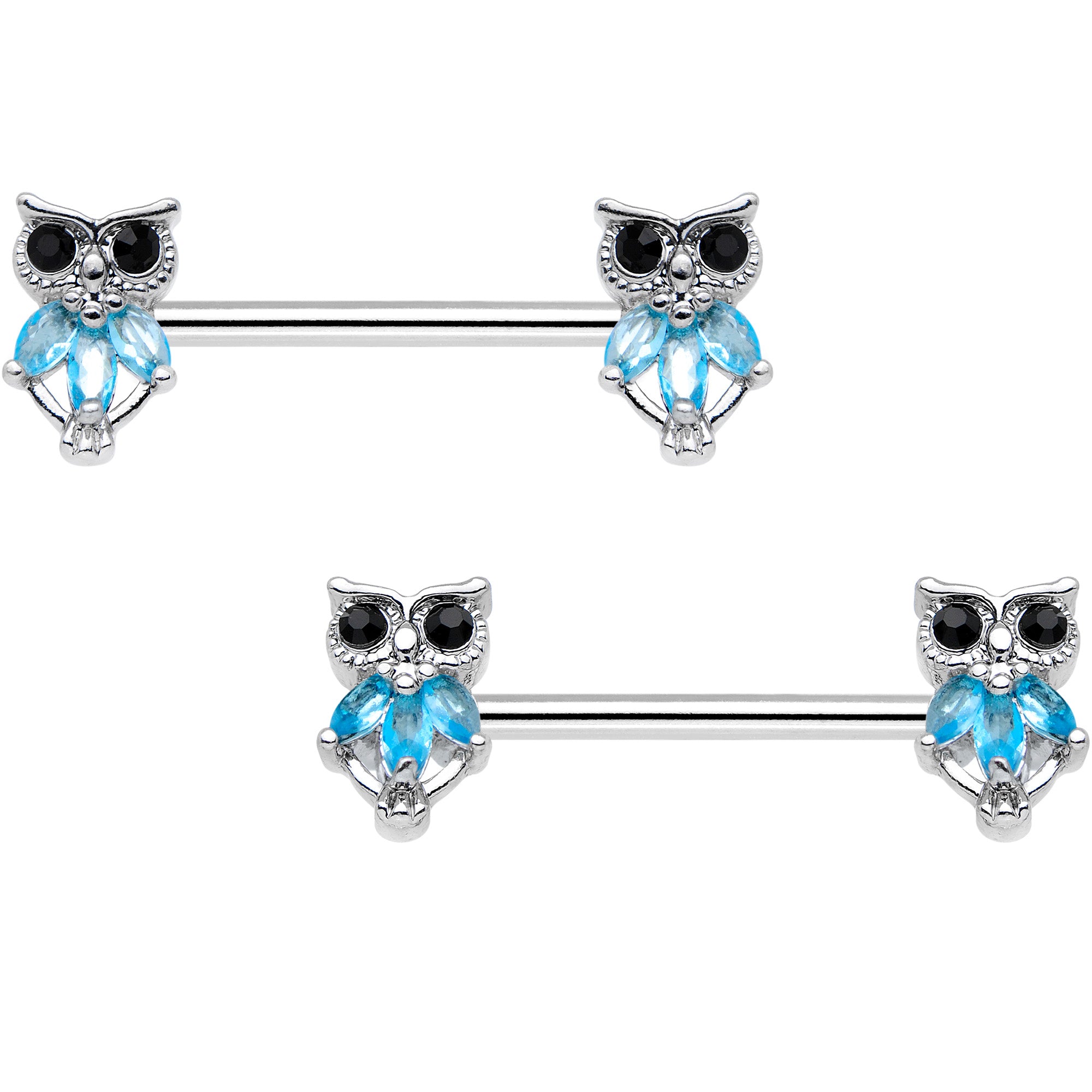 14 Gauge 9/16 Blue Gem Night Eye Owl Barbell Nipple Ring Set