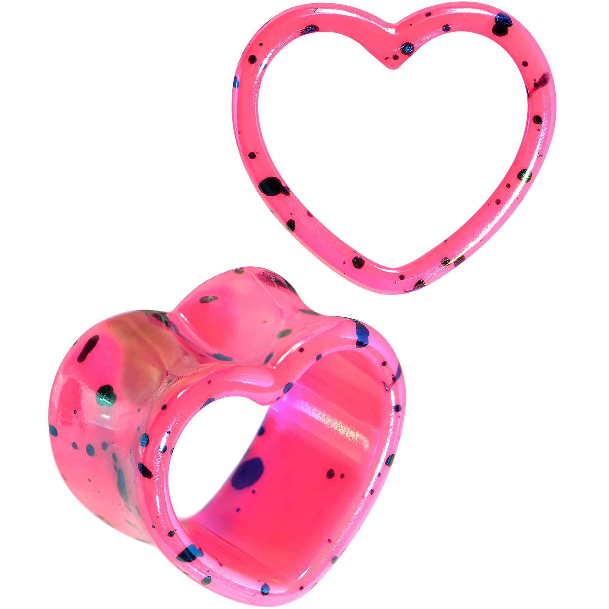 Black Speckled Pink Acrylic Heart Saddle Plug Set 4mm to 20mm