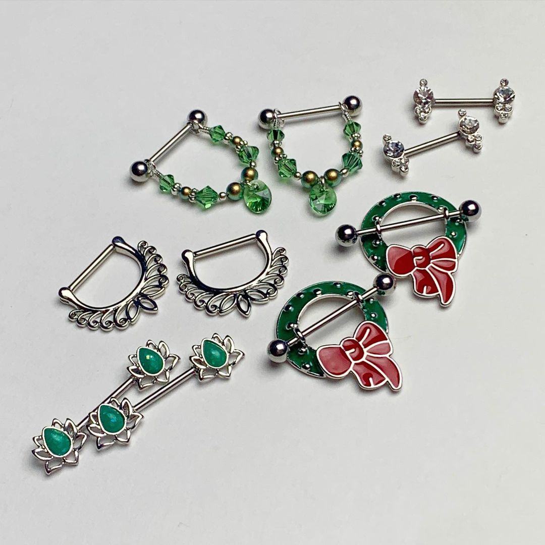 14G 9/16 Green Faux Opal Lotus Flower Barbell Nipple Ring Set