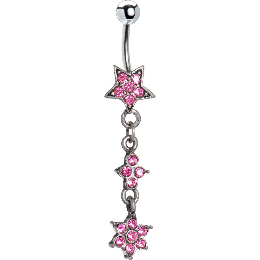 Antique Silver Pink Gem Flourishing Star Dangle Belly Ring