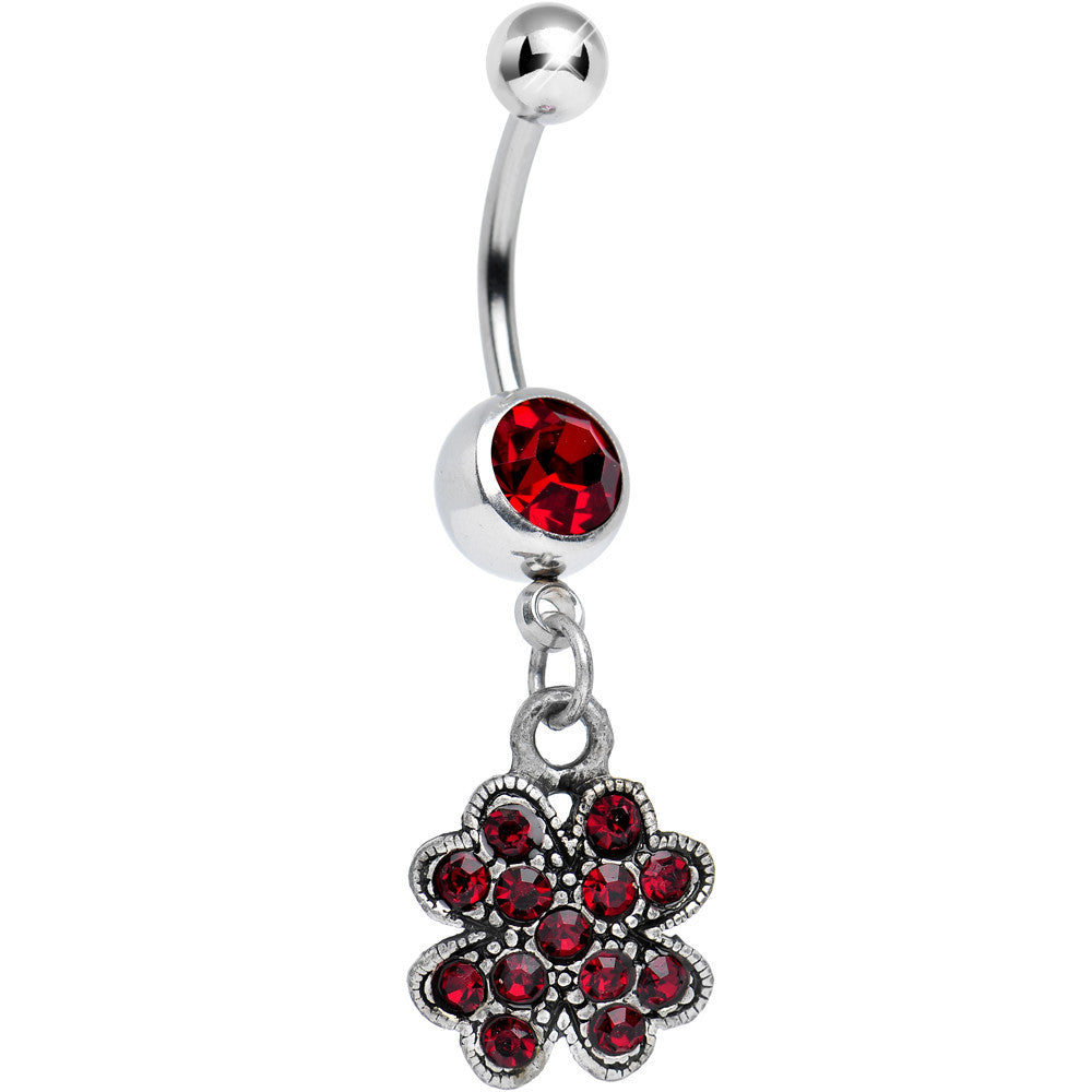 Antique Silver Giant Clover Siam Red Gem Dangle Belly Ring