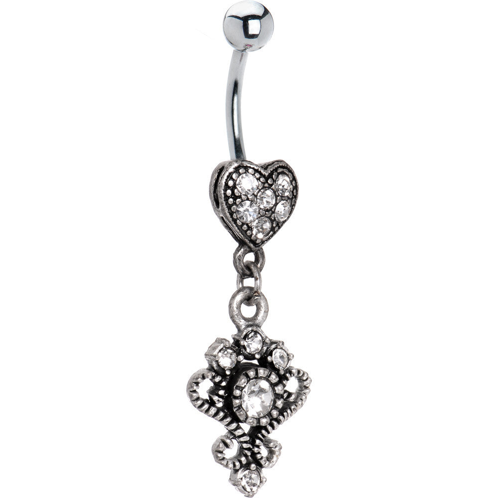Antique Silver Victorian Heart Crystalline Gem Dangle Belly Ring