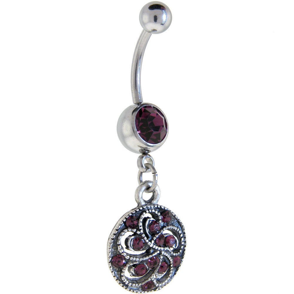 Antique Silver Fantasy Violet Gem Dangle Belly Ring