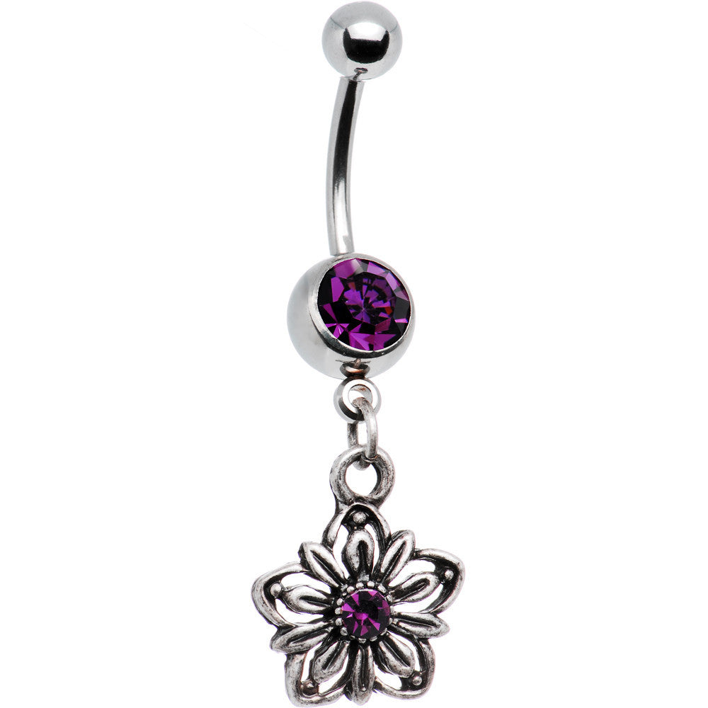 Gerber Daisy Flower Violet Gem Dangle Belly Ring