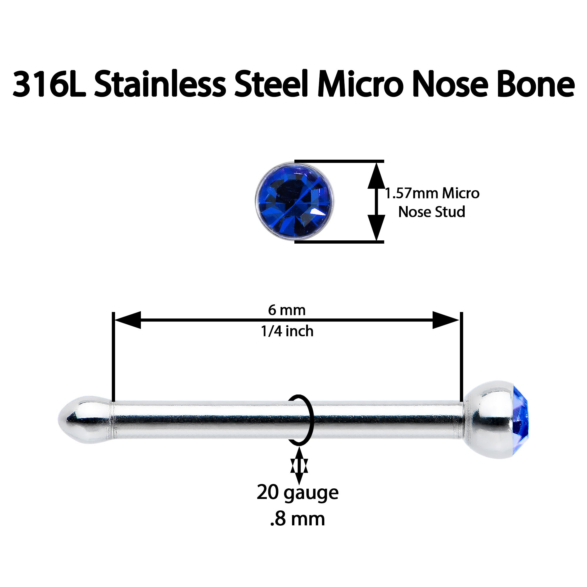 20 Gauge Stainless Steel Sapphire Blue Gem Micro Nose Bone