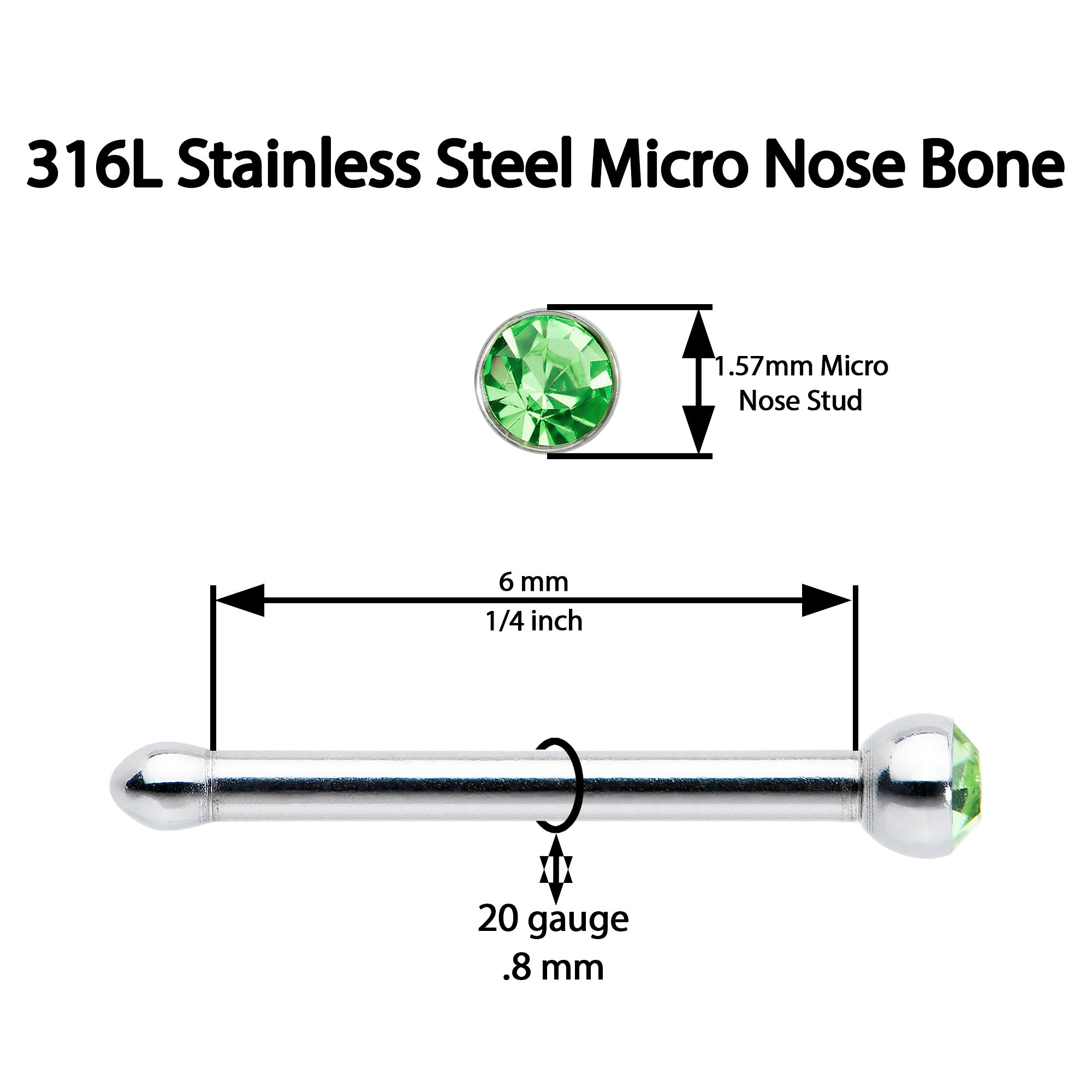 20 Gauge Stainless Steel Green Gem Micro Nose Bone