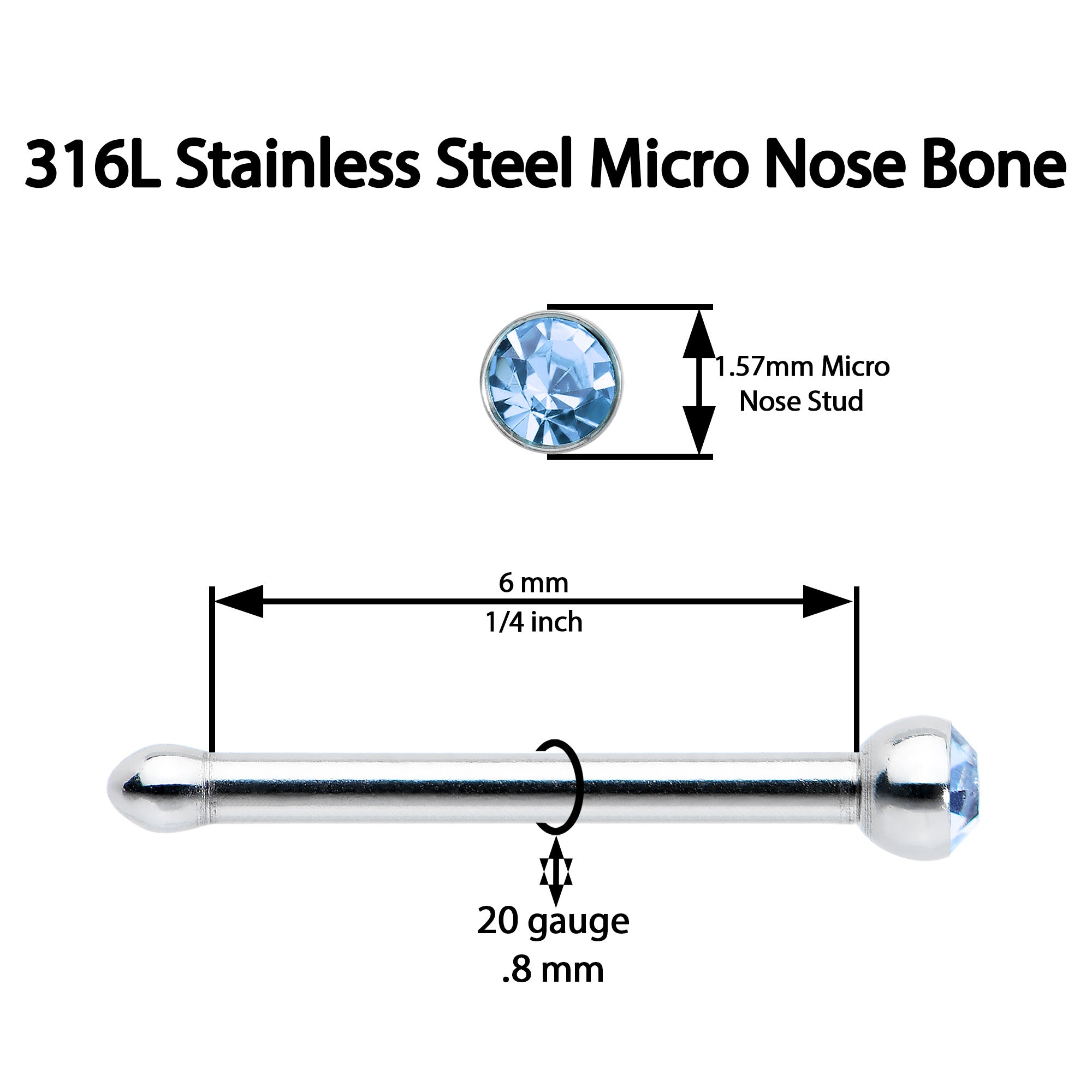 20 Gauge Stainless Steel Light Blue Gem Micro Nose Bone