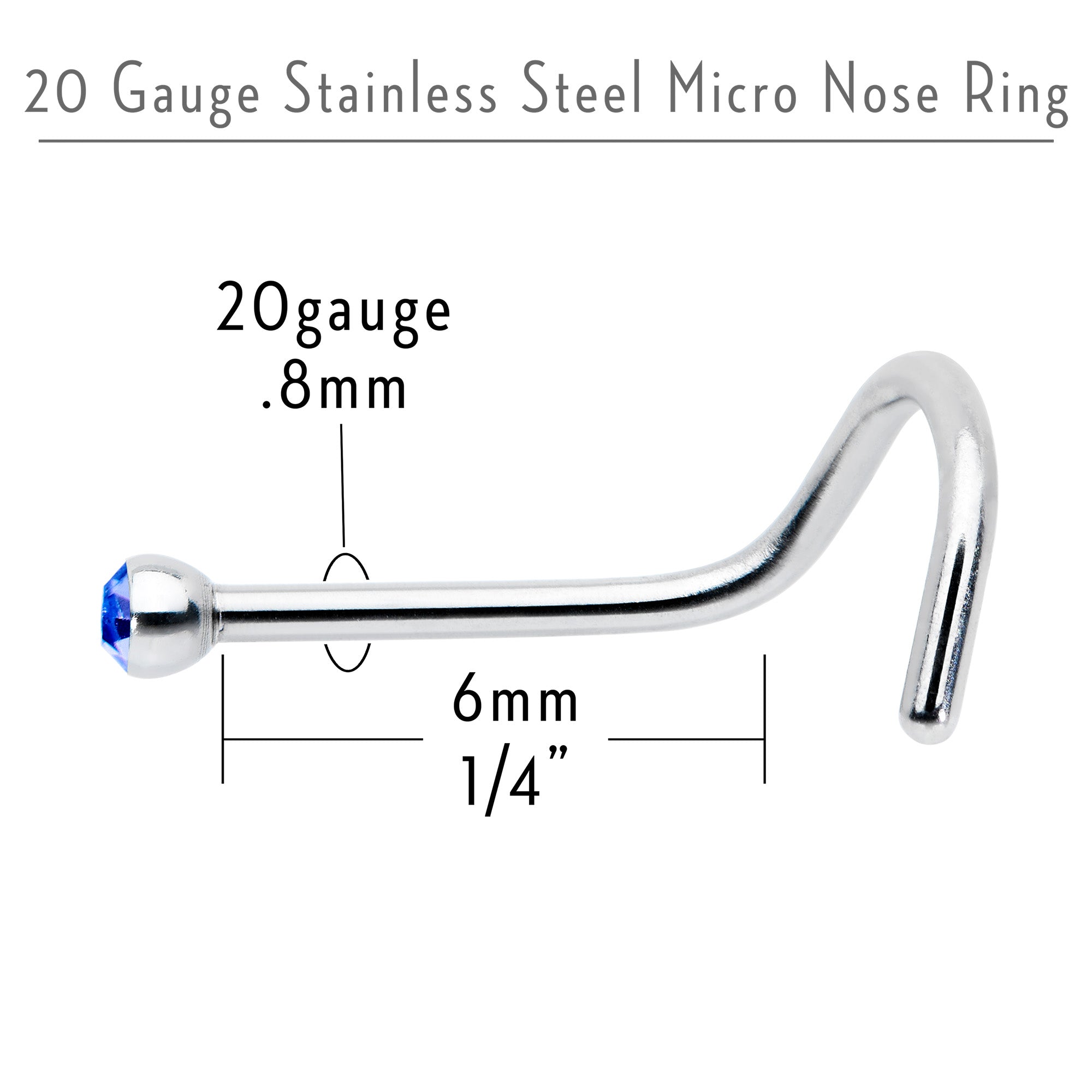 20 Gauge Stainless Steel Sapphire Blue Gem Micro Nose Ring Twister