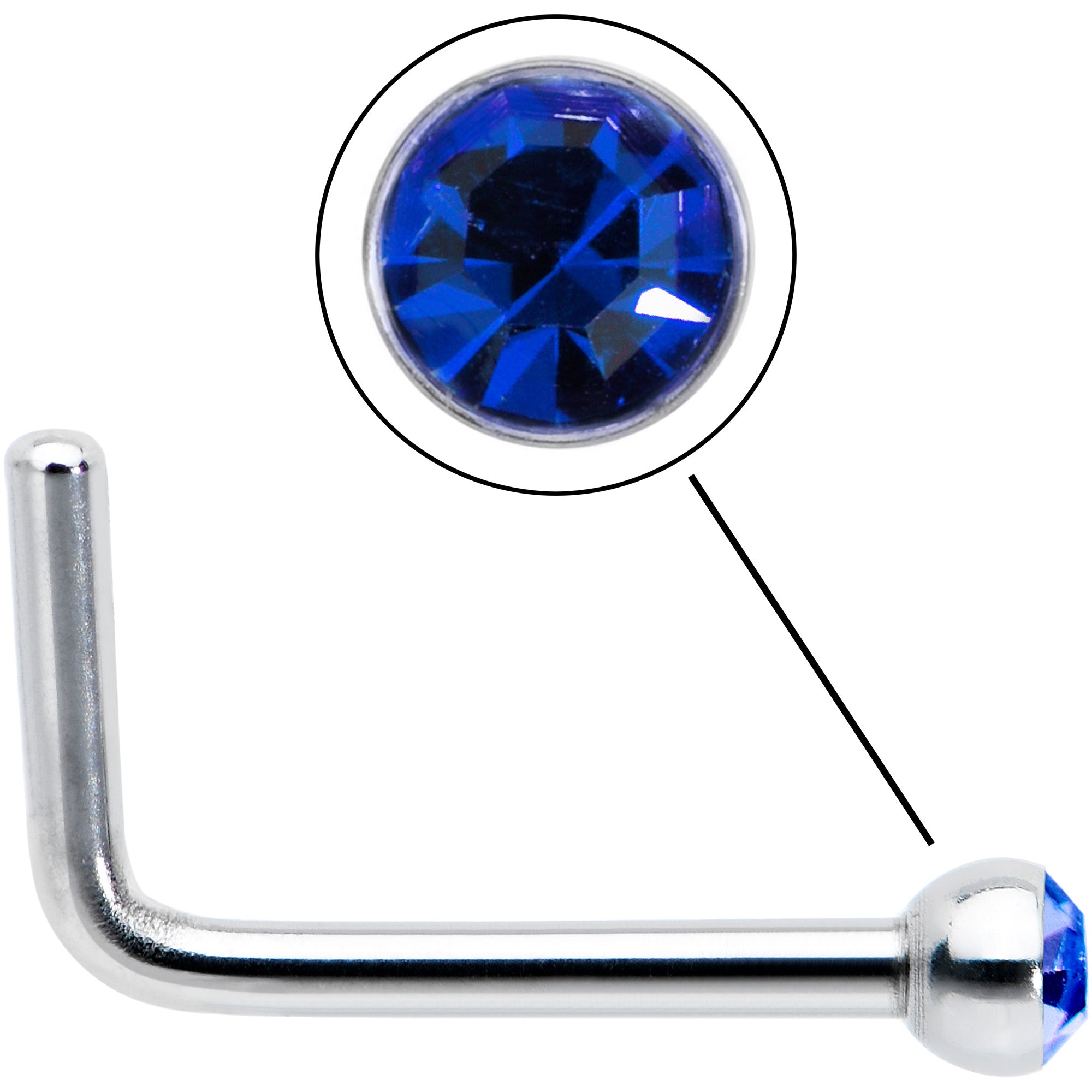 20G Stainless Steel Sapphire Blue Gem Micro Nose Ring L-Shaped