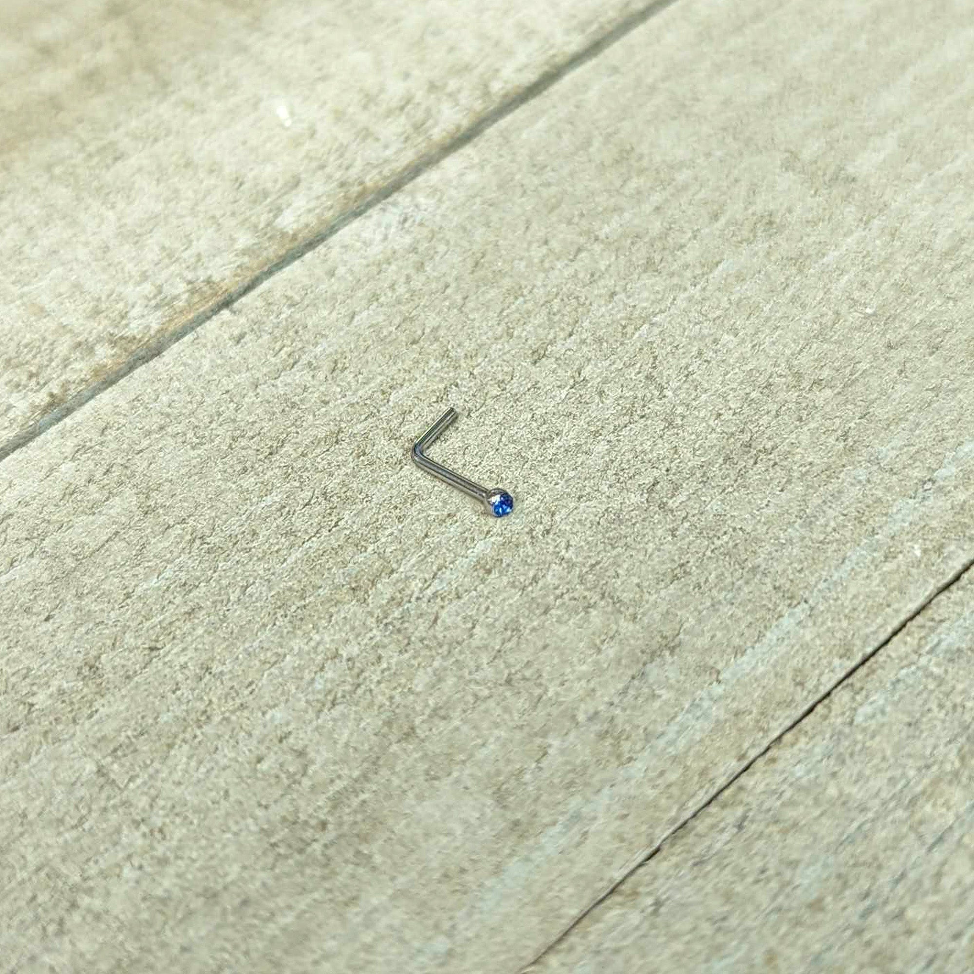20G Stainless Steel Sapphire Blue Gem Micro Nose Ring L-Shaped