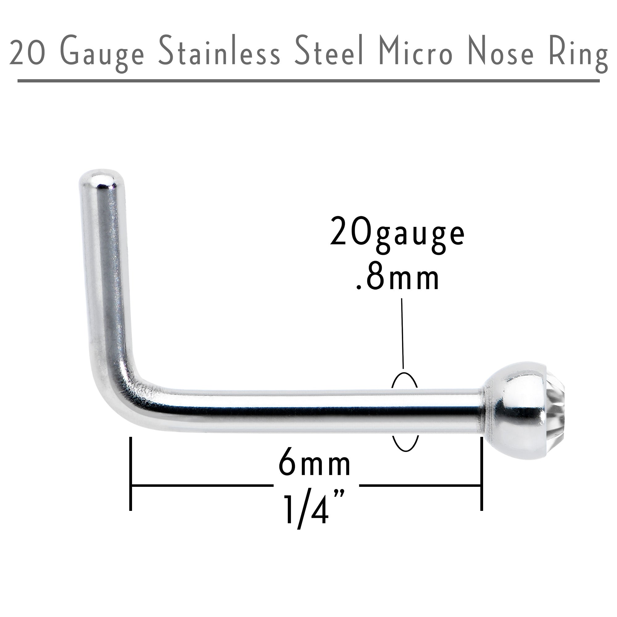 20 Gauge Stainless Steel Clear Gem Micro Nose Ring L-Shaped
