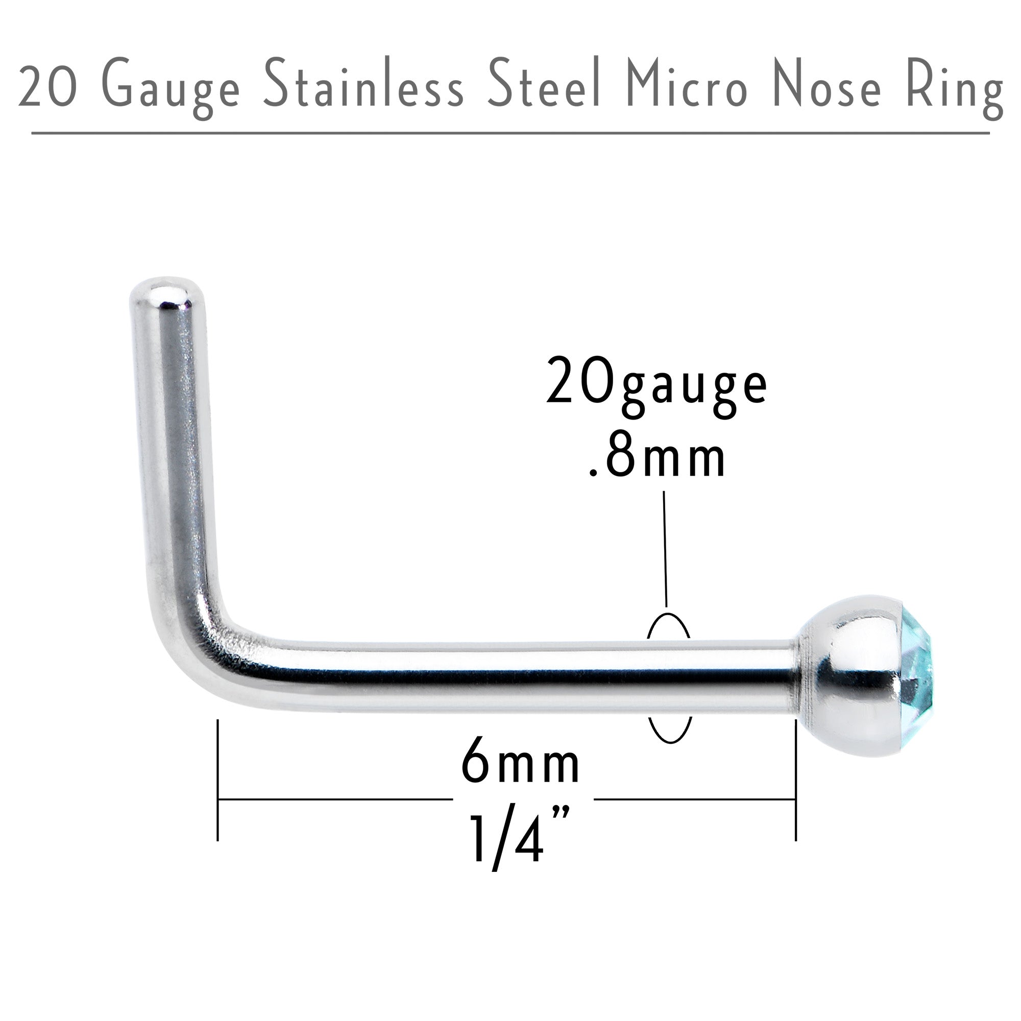 20G Stainless Steel Aqua Gem Micro Nose Ring L-Shaped