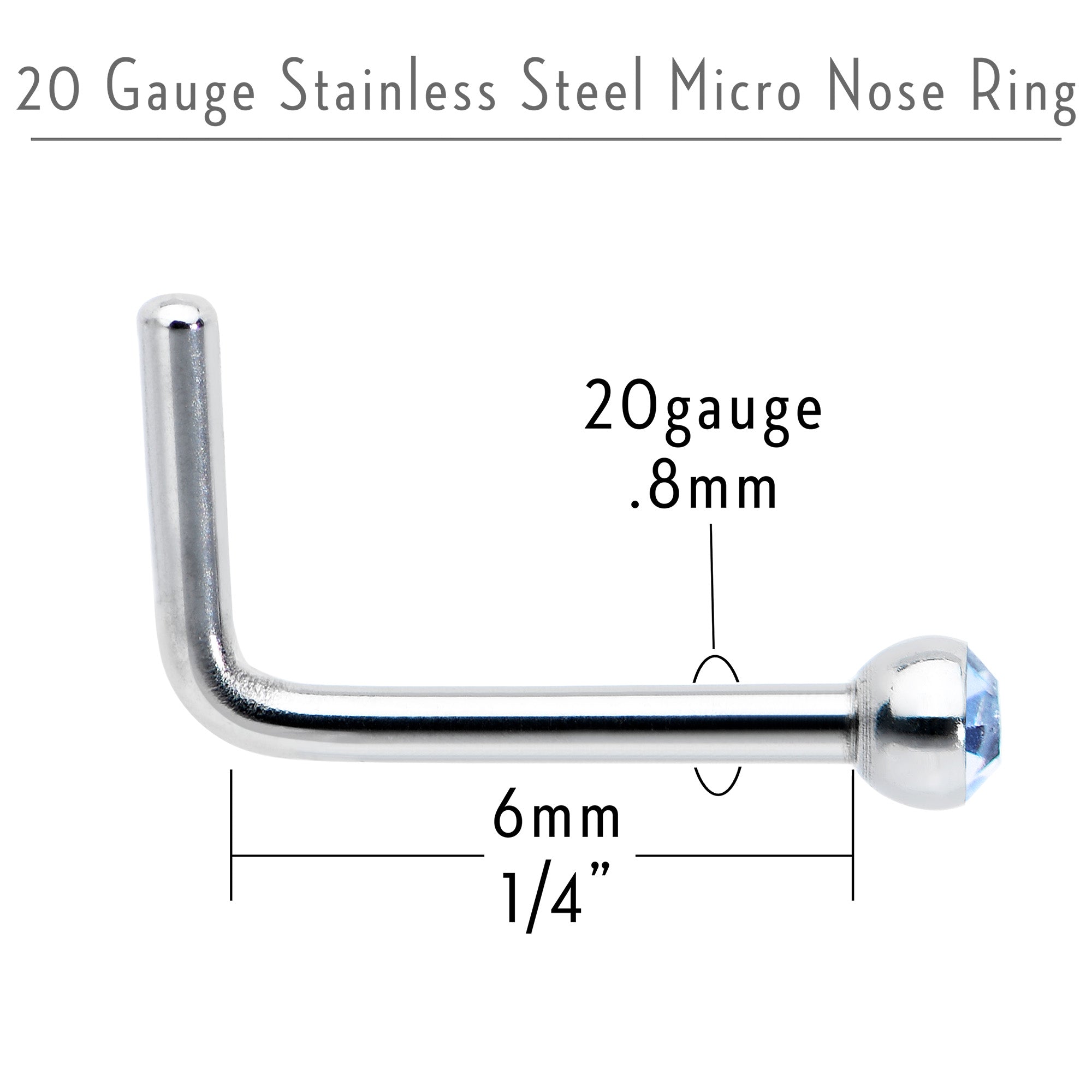 20 Gauge Stainless Steel Light Blue Gem Micro Nose Ring L-Shaped
