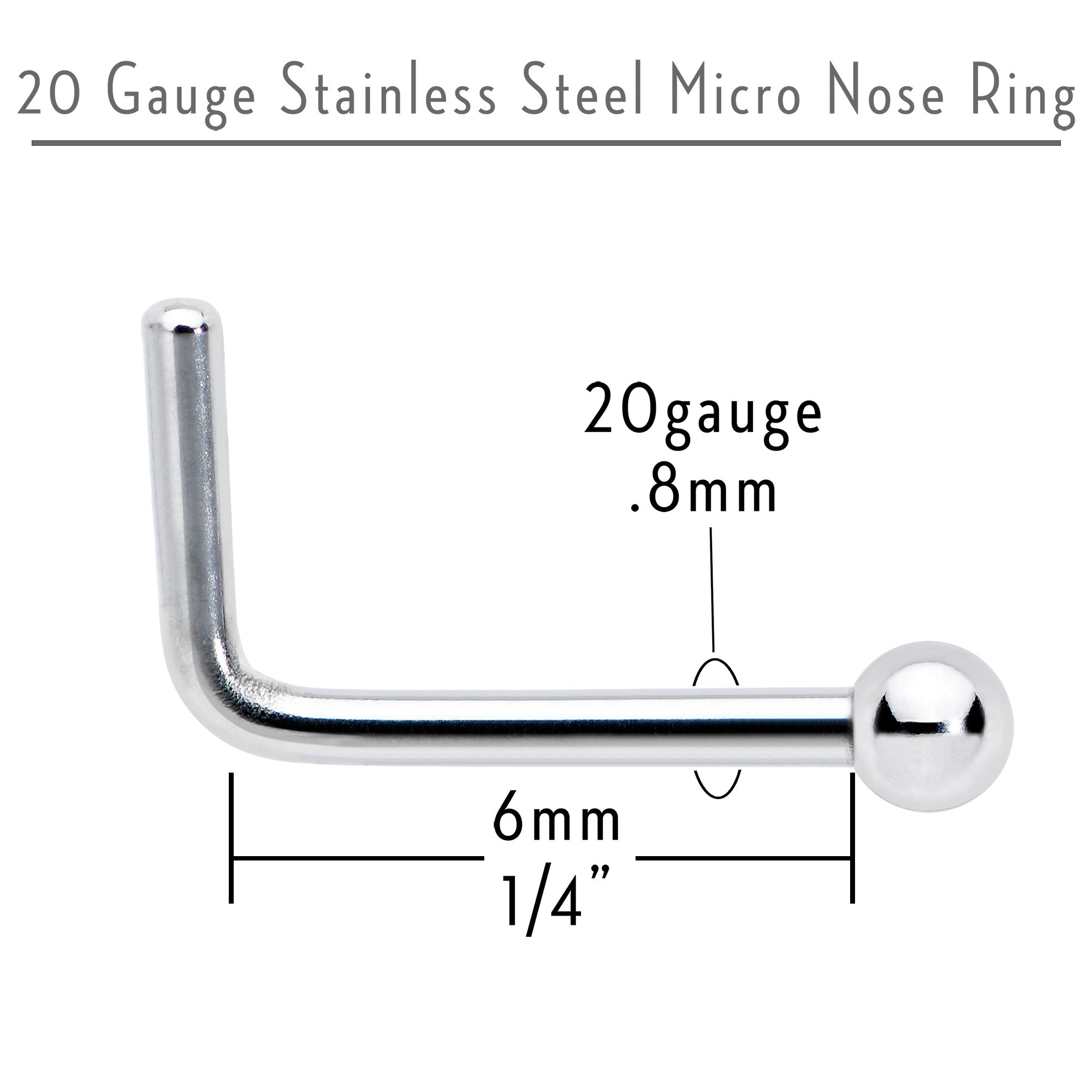 20 Gauge Stainless Steel Stainless Steel Micro Ball Nose Ring L-Shaped
