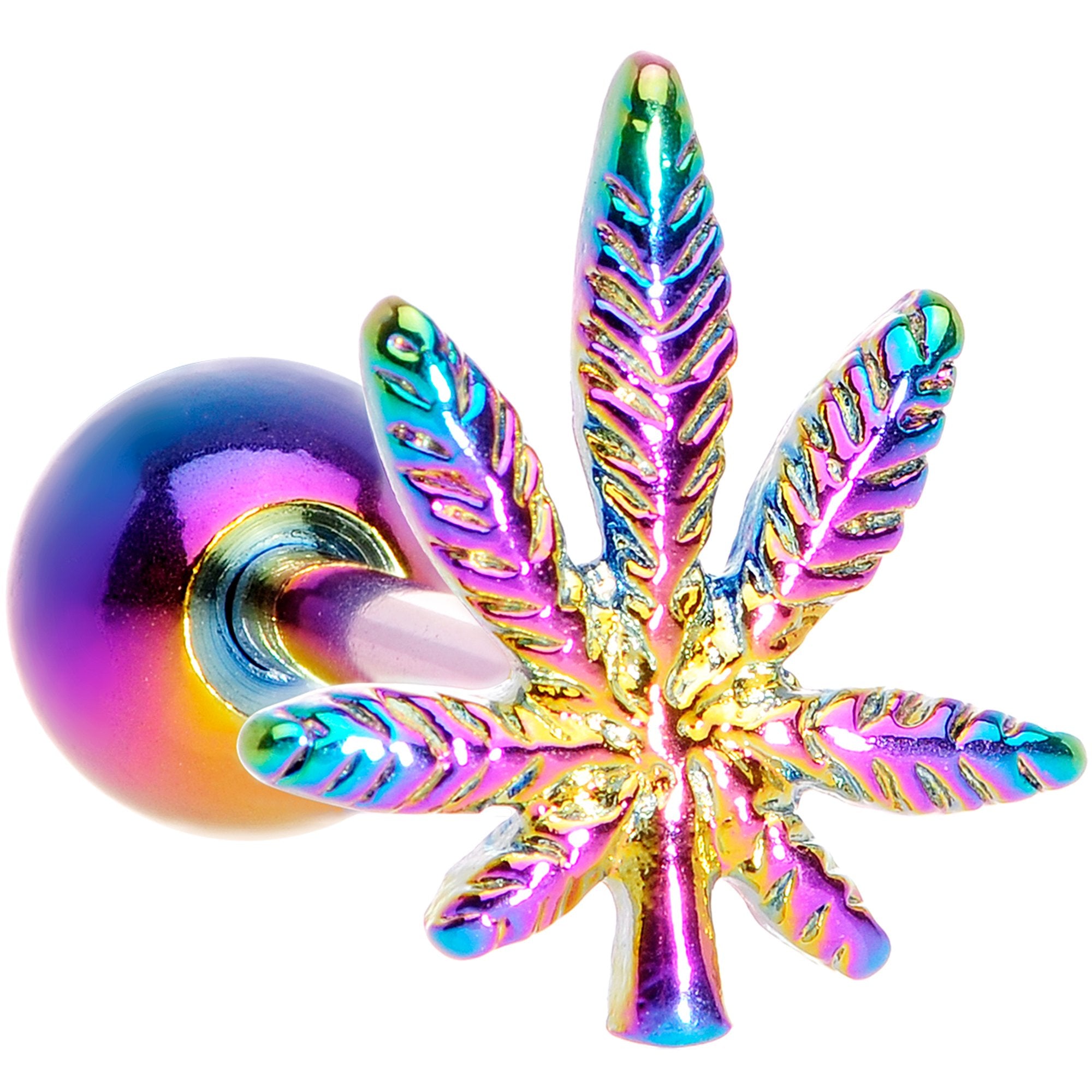 Rainbow Titanium Anodized 3-D Pot Leaf Barbell Tongue Ring