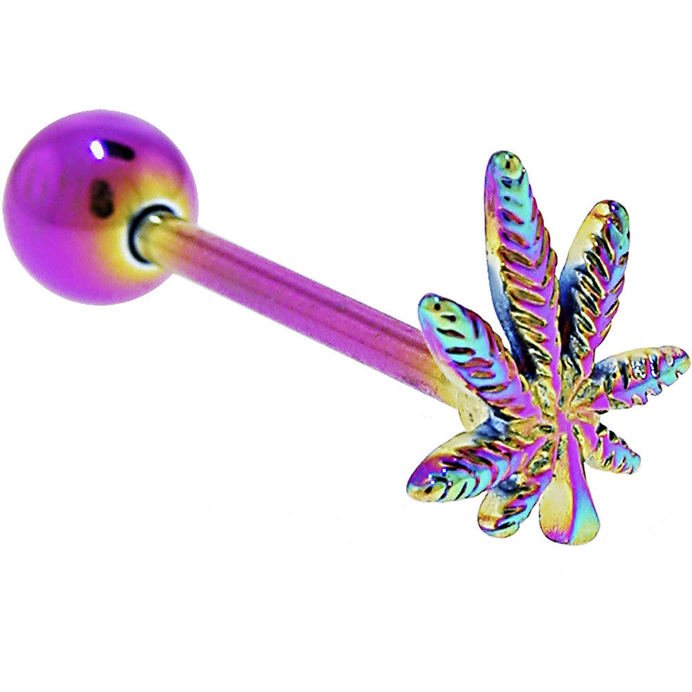 Rainbow Titanium Anodized 3-D Pot Leaf Barbell Tongue Ring