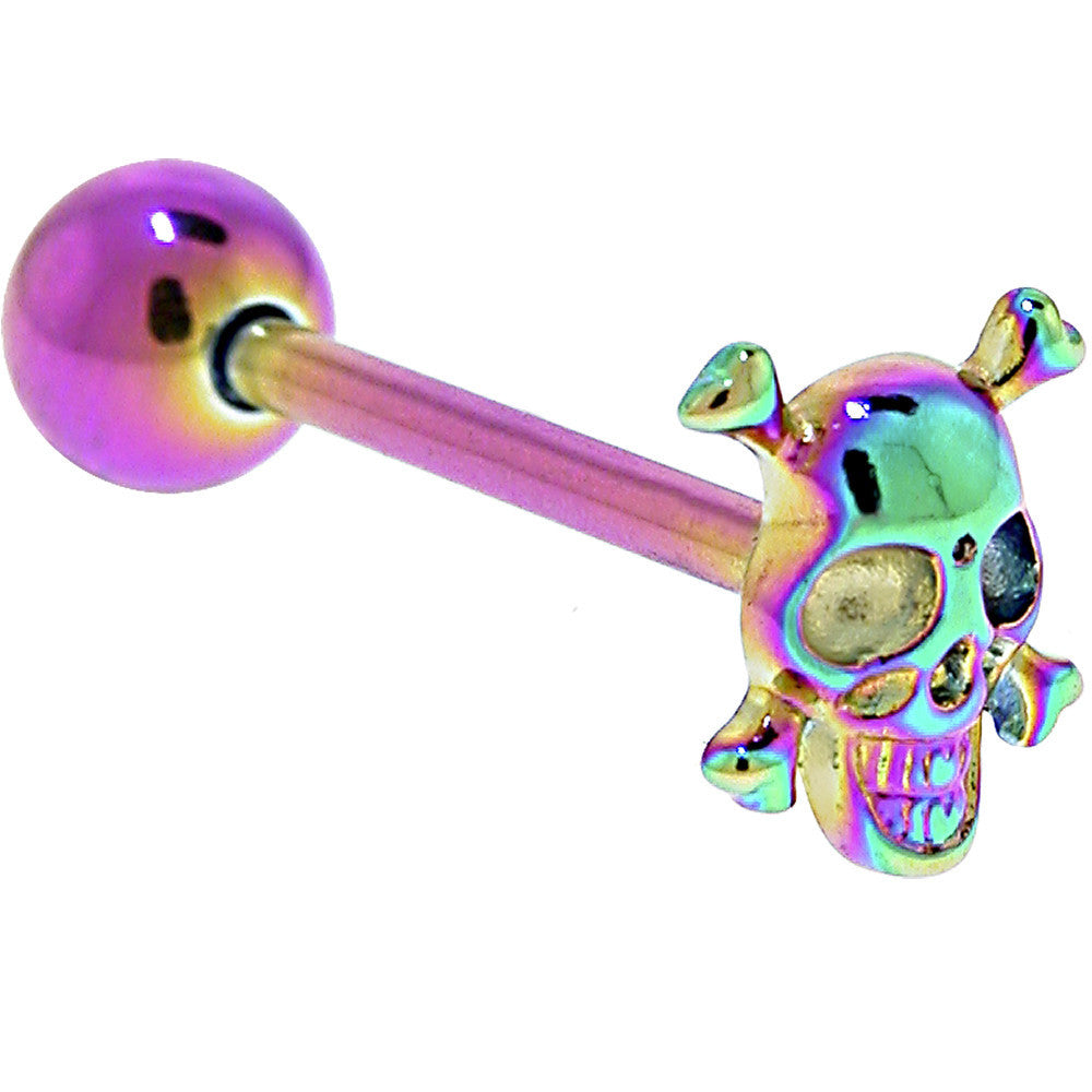 Rainbow Titanium Anodized 3-D Skull Crossbones Barbell Tongue Ring